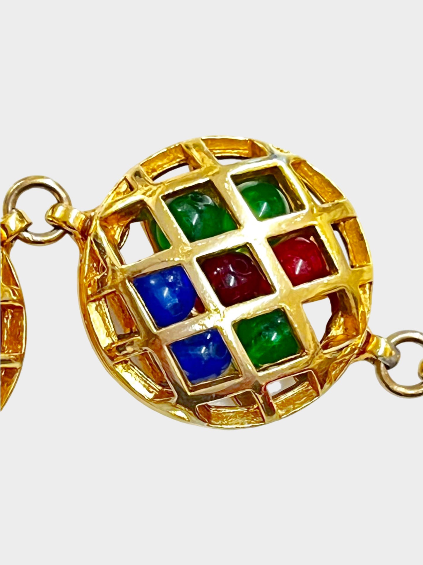 Chanel 1980s Gold Cage Link Bracelet with Gripoix Beads