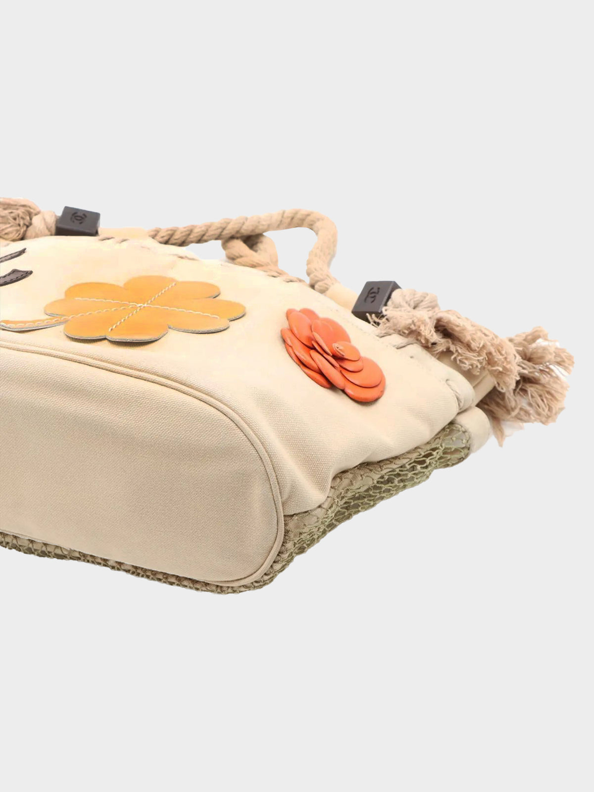 Chanel Cruise 2003-2004 Beige Canvas CC Camellia and Clover Rope Handle Tote Bag