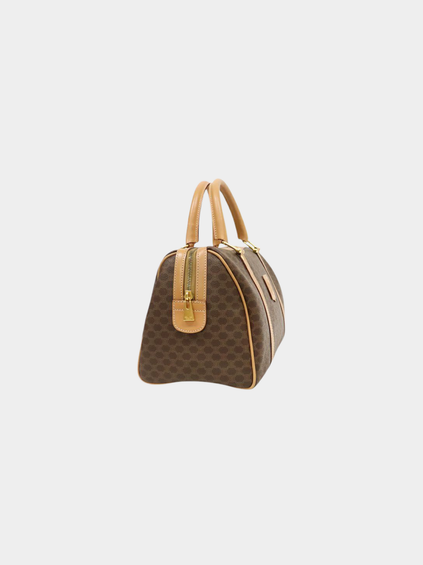 Celine 1990s Brown PVC and Leather Macadam Blazon Embossed Boston Bag