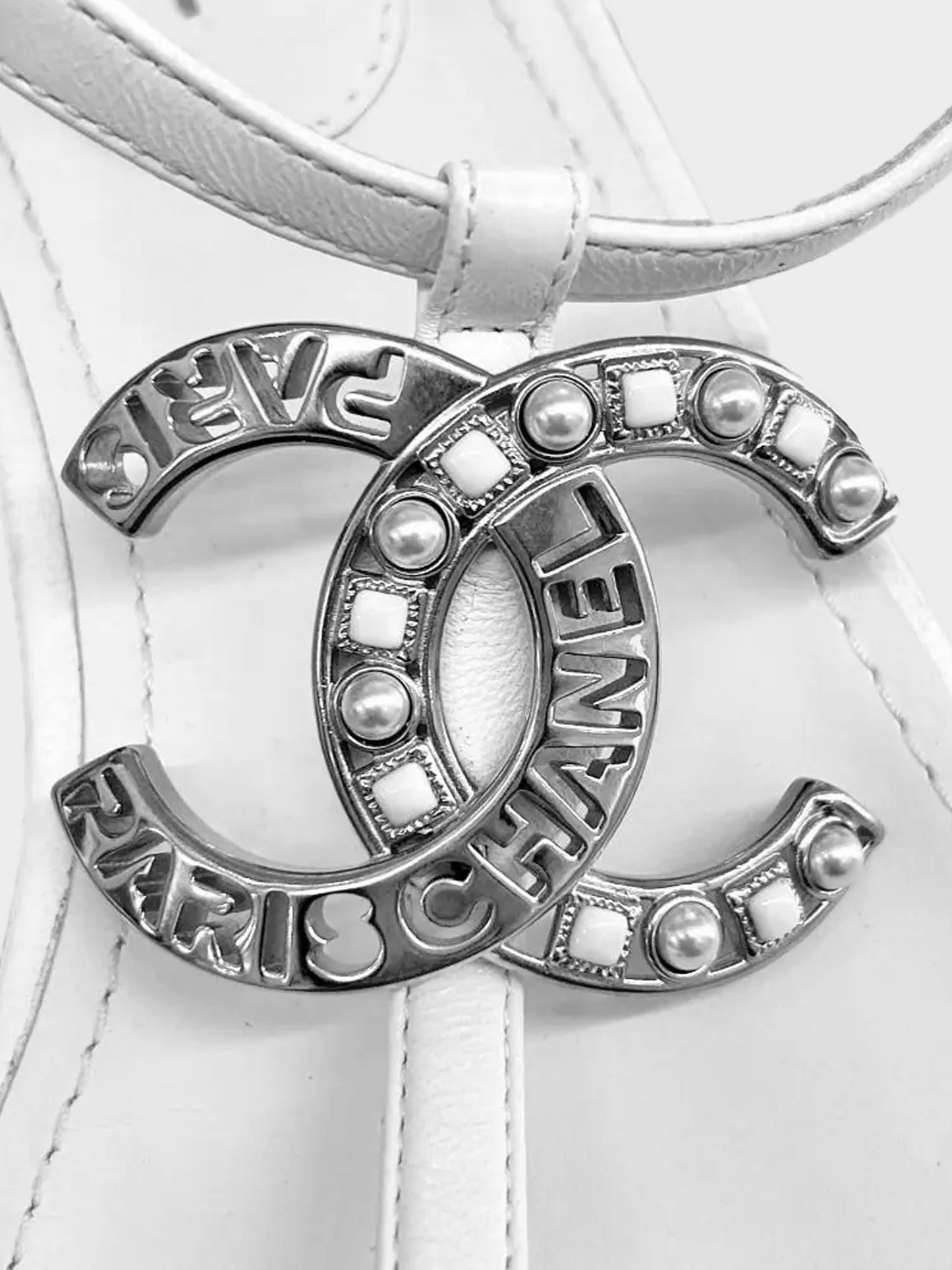 Chanel 2010s White Leather Silver CC Thong Sandals