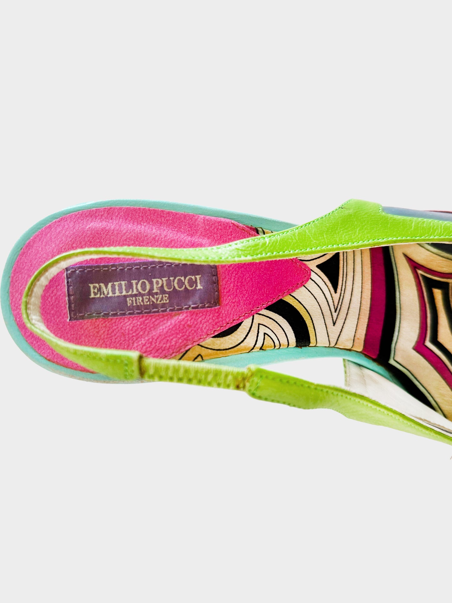 Emilio Pucci 2000s Pink, Green, and Blue Leather Color Block Slingback Heels