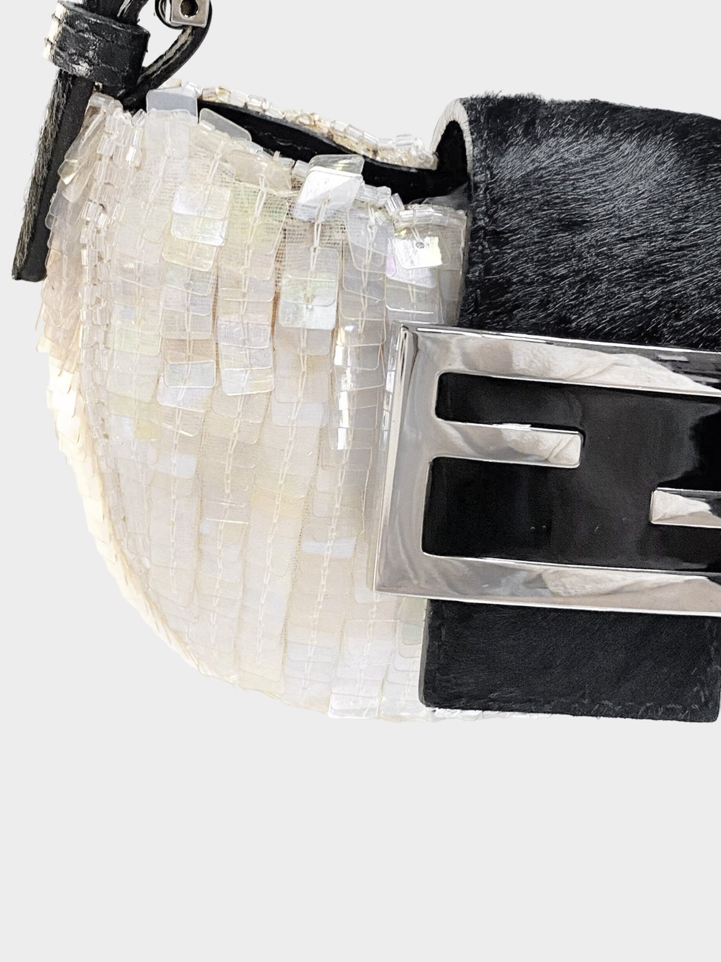 Fendi 1990s Ivory Sequins and Black Calf Pony Hair Mini Croissant Bag