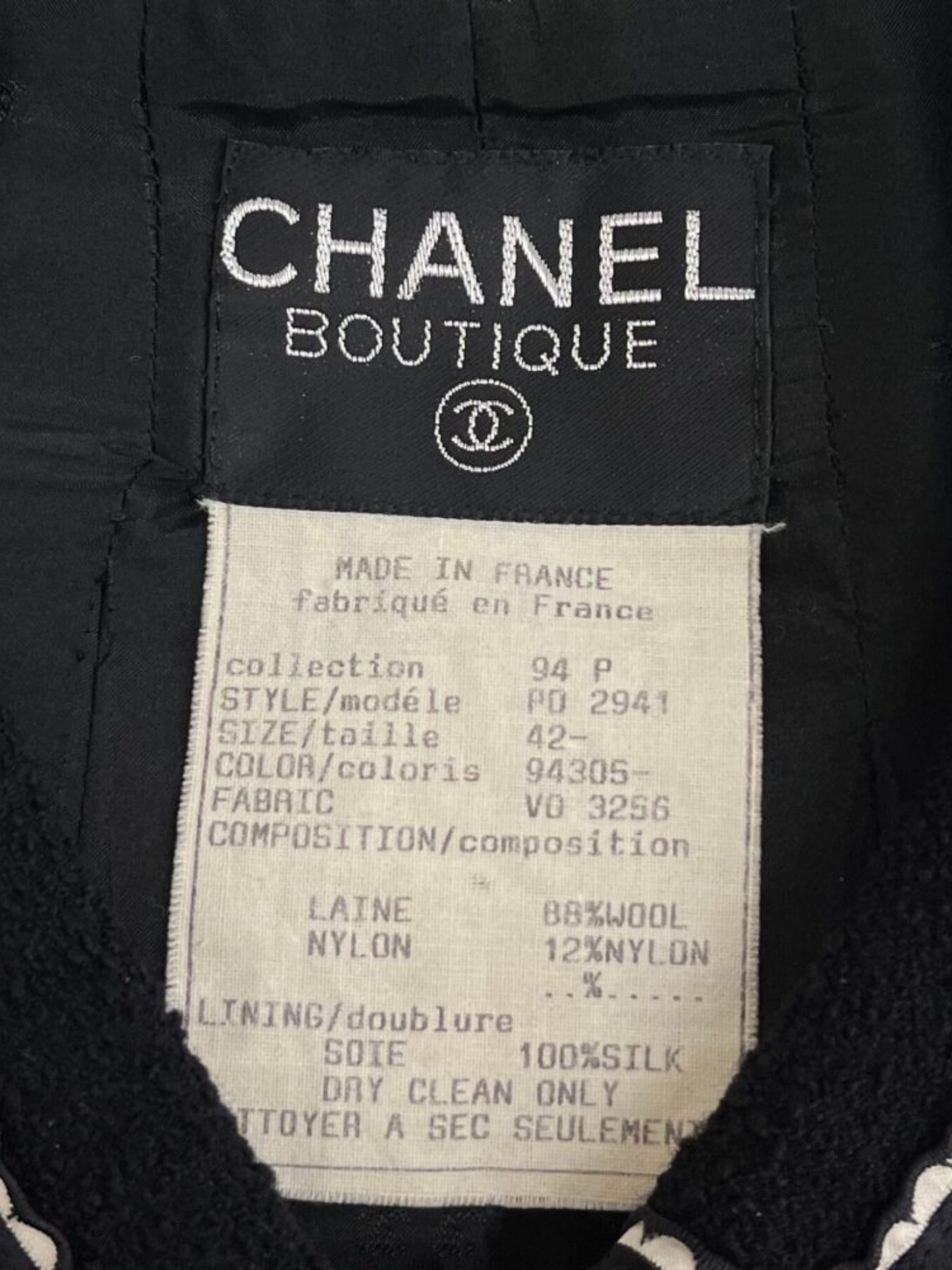 Chanel 1994 Black Tweed Ribbon Trim Jacket