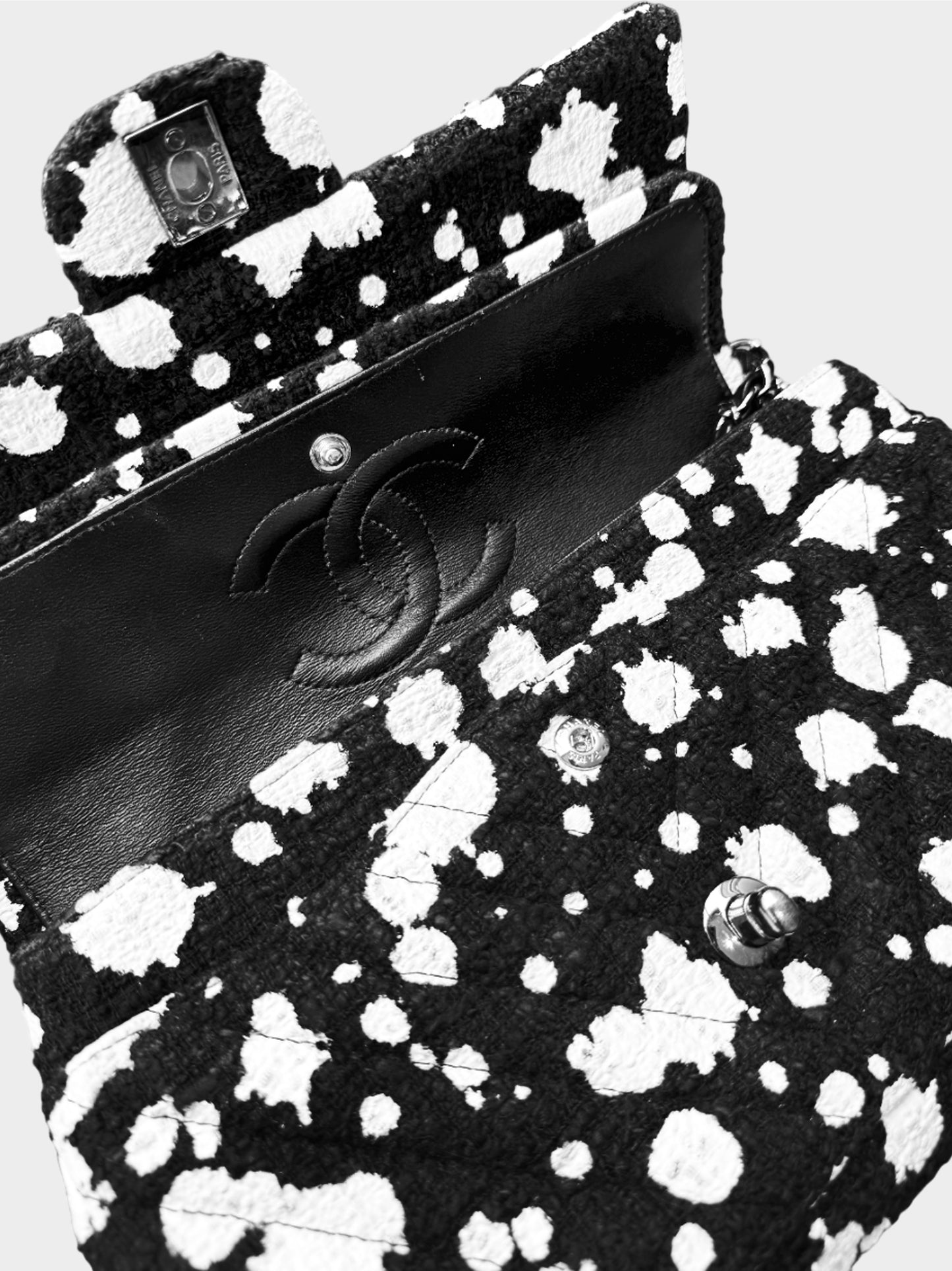 Chanel 2015 Black Tweed Paint Splatter Print Double Flap Bag