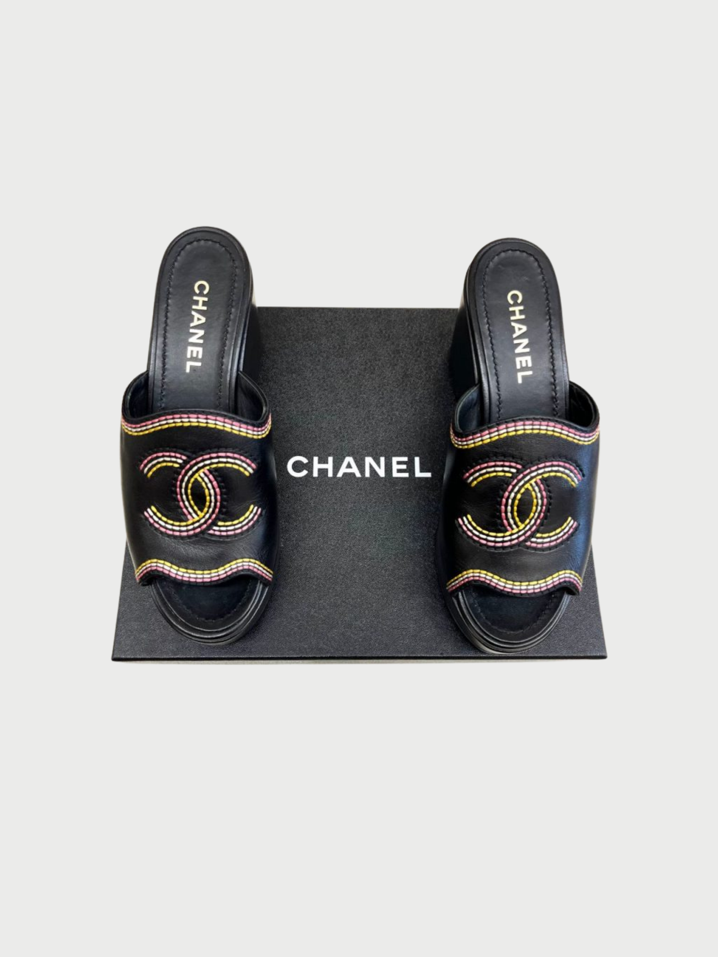 Chanel 2000s Black Leather CC Logo Wedge Sandals