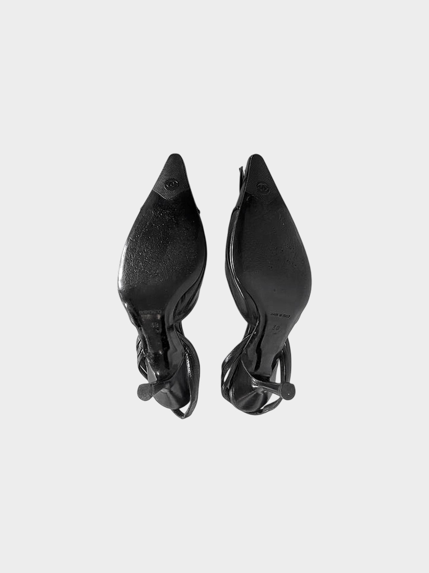 Chanel 2002 Black Camellia Leather Slingback Heels