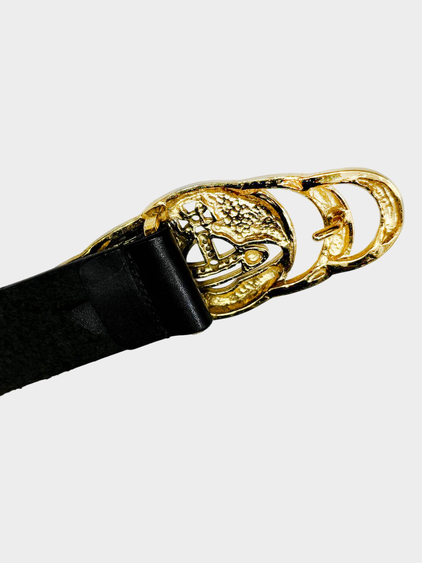 Vivienne Westwood 2000s Black and Gold Orb Logo Leather Belt