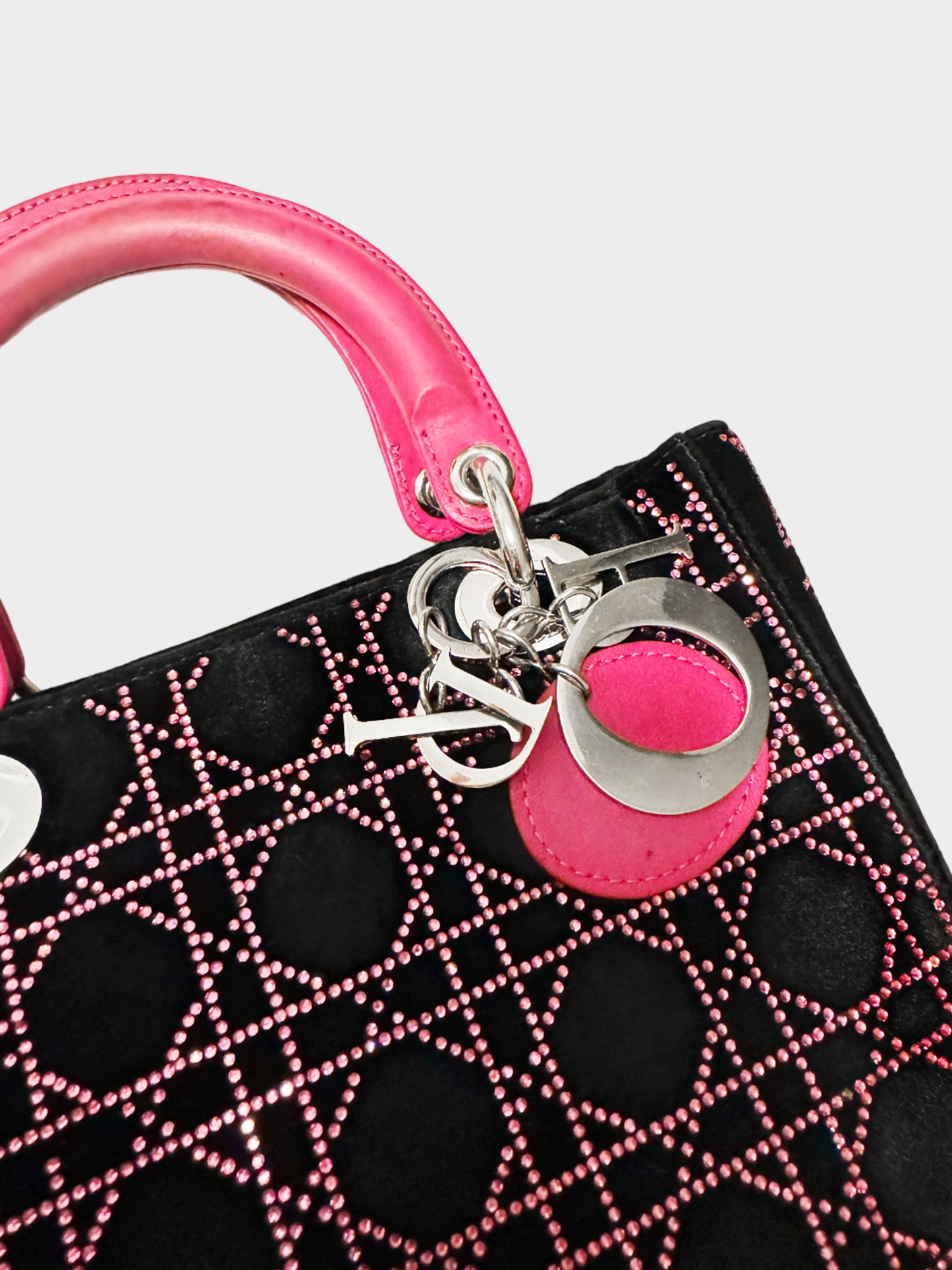 Christian Dior 2000s Black Velvet Lady Dior Pink Rhinestone Cannage Handbag