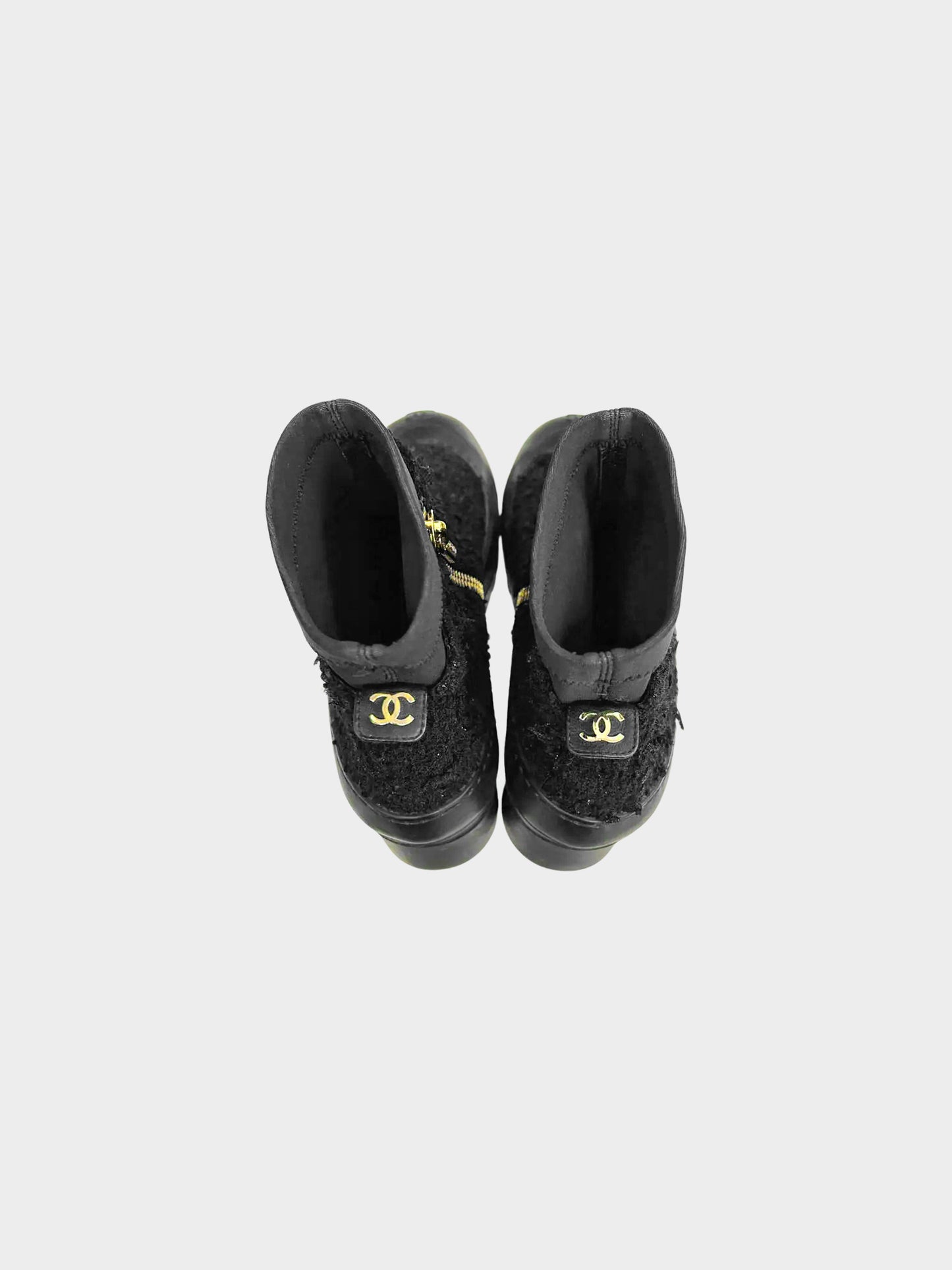Chanel FW 2019 Black Tweed and Rubber Ankle Boots