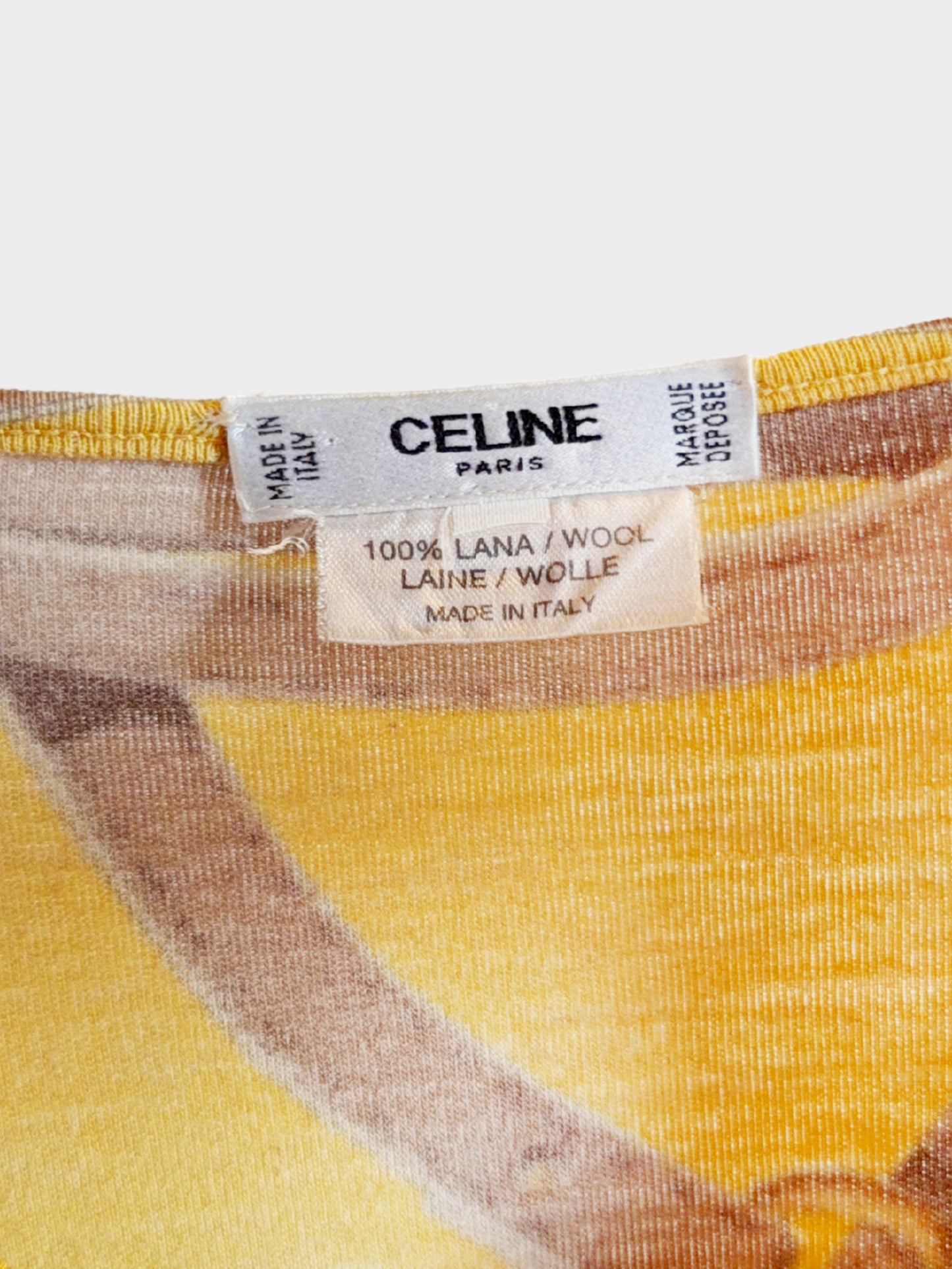 Céline 1995 Yellow Jersey Wool Belt and Chain Printed Long Sleeve Top