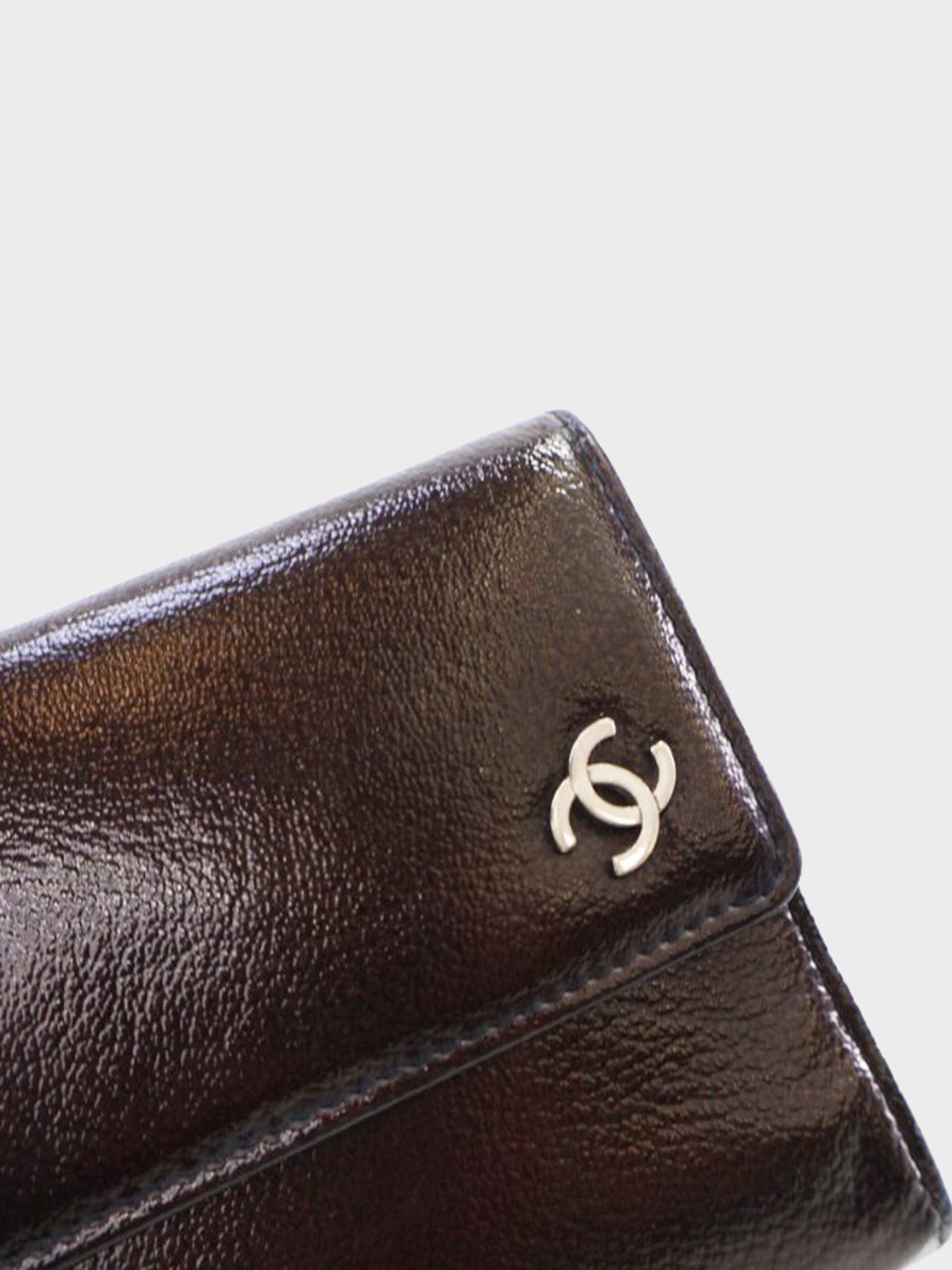 Chanel 2006-2008 Brown Patent Leather Trifold Flap Wallet