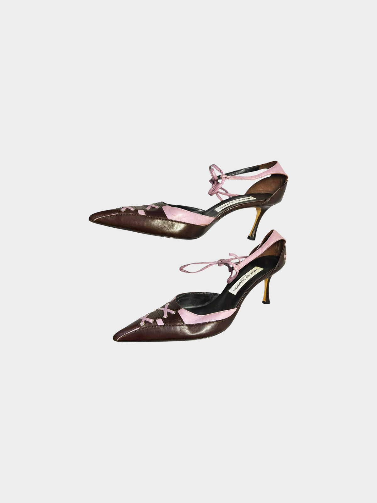 Manolo Blahnik 2000s Brown and Purple Leather Bow Tie Strappy Heels