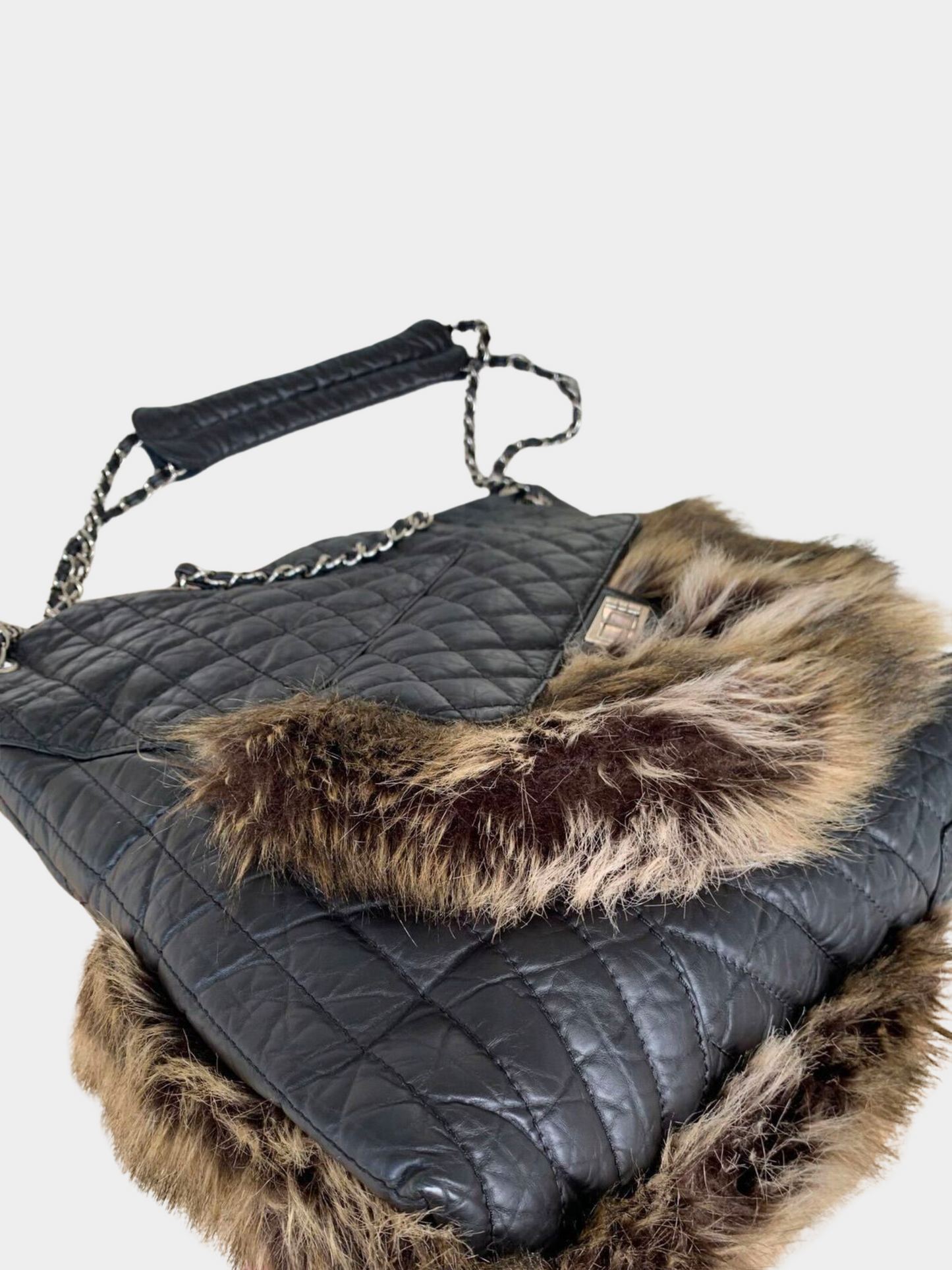 Chanel 2000s Black Quilted Leather Fur-Trim Tote Bag