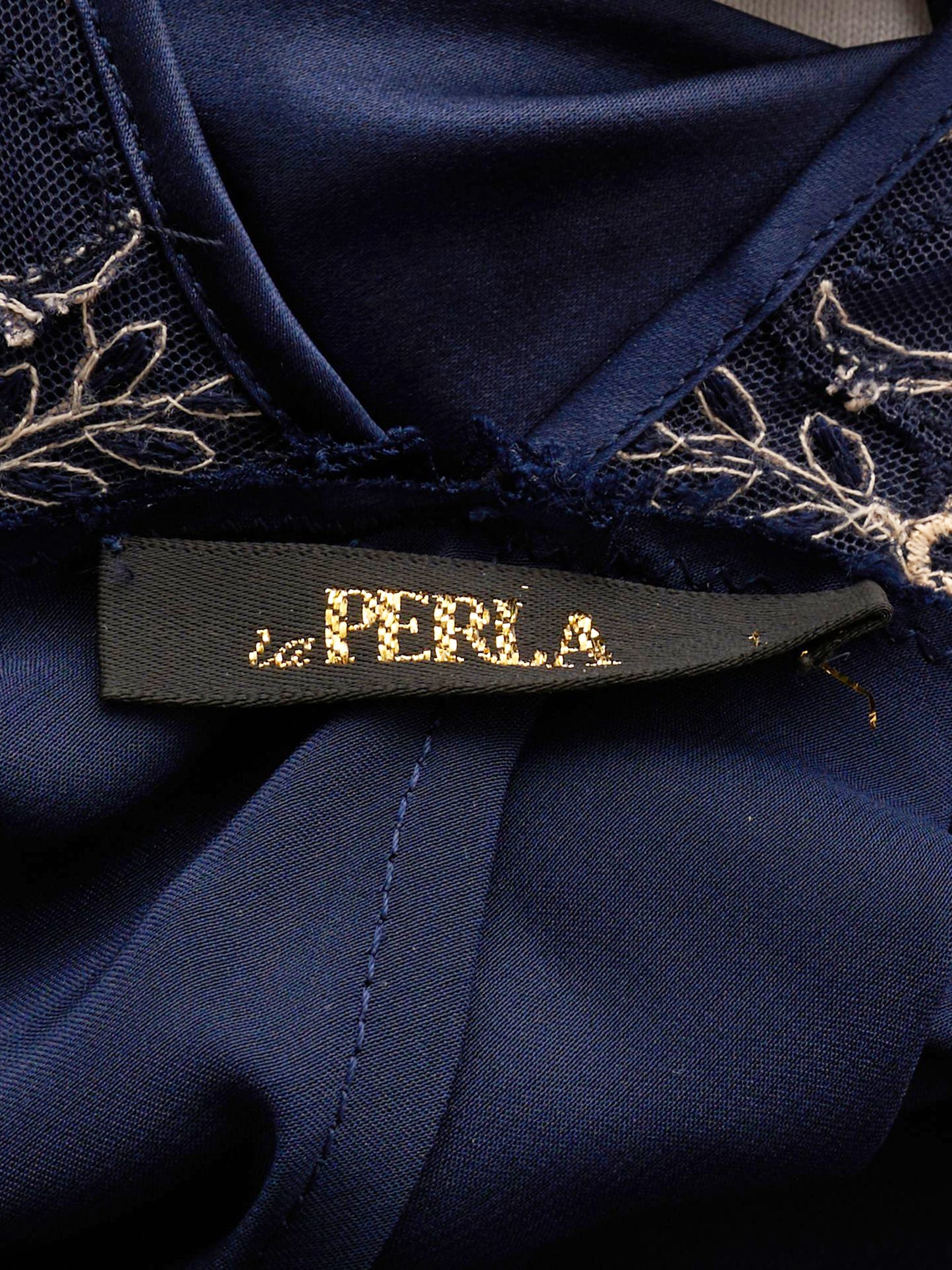 La Perla 2000s Navy and Beige Floral Lace and Silk Night Dress