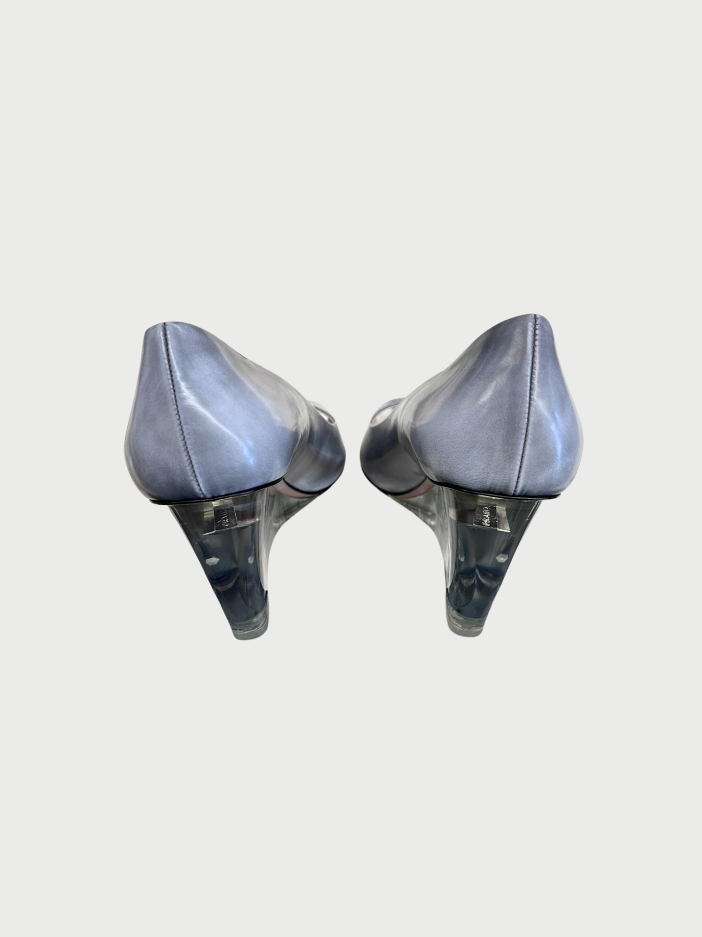 Prada SS 1998 Grey Leather Lucite Wedge Peep Toe Heels