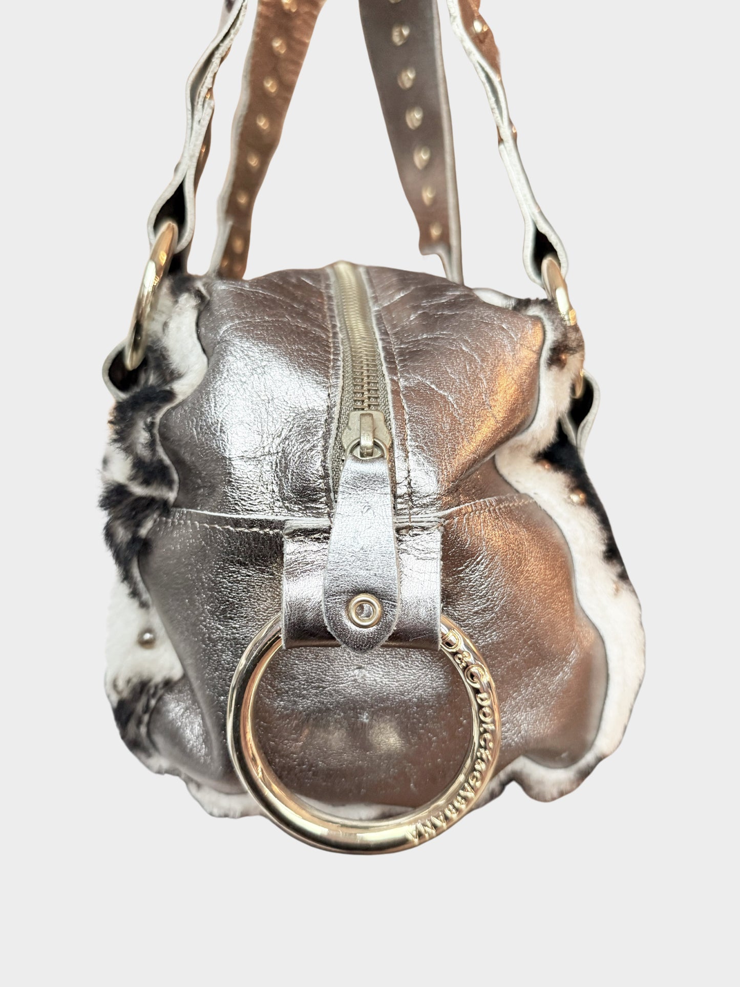 Dolce and Gabbana 2000s Metallic Leather Cow Print Faux Fur Bag