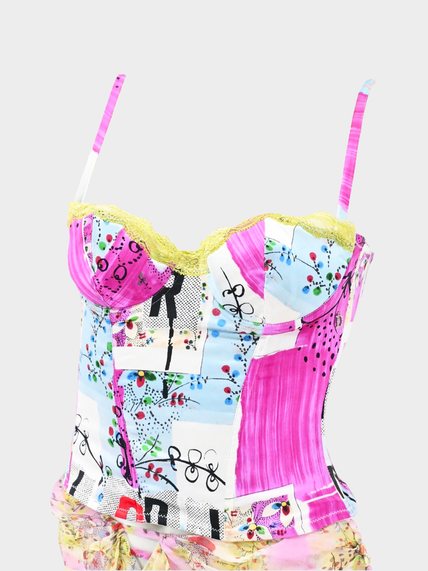 Christian Dior SS 2003 Filth Print Silk Bustier, Ruffled Top and Skirt Set