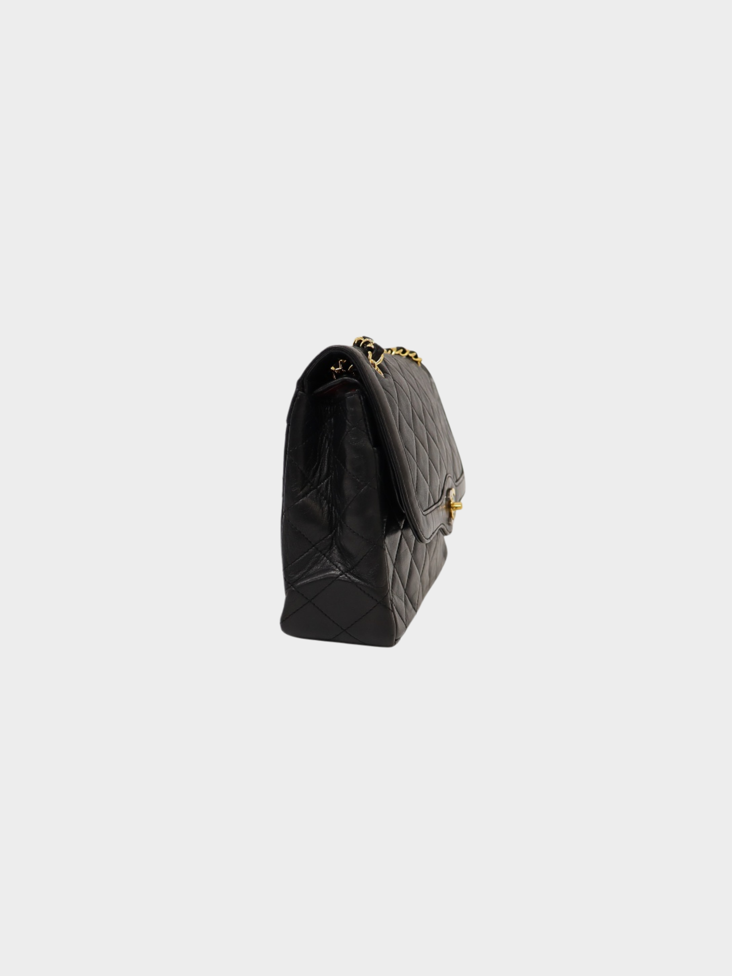 Chanel 1980s Black Lambskin Paris Matelassé W Flap Chain Shoulder Bag