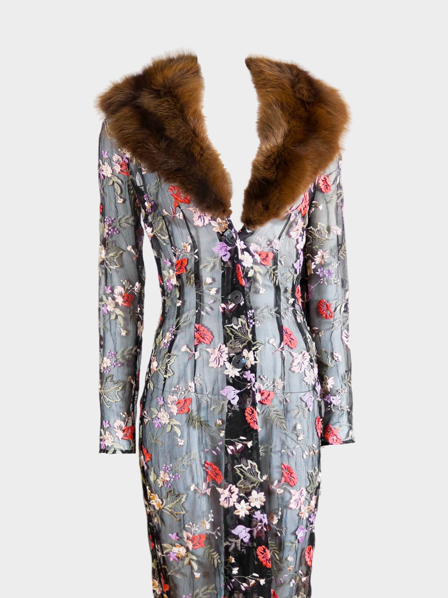 Dolce and Gabbana 1997 Runway Fur Collar Oriental Floral Embroidered Sheer Coat