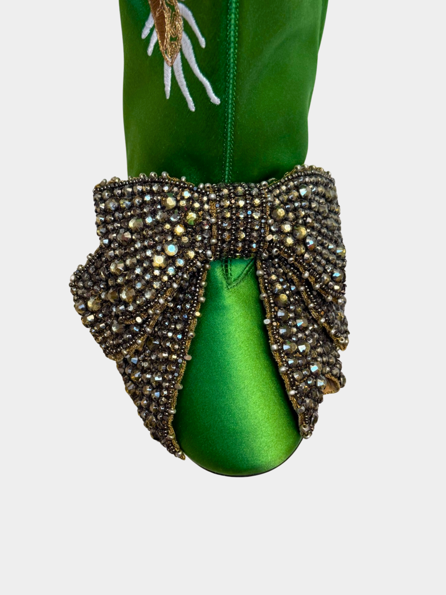 Gucci 2017 Green Dragon-Embroidered Satin Knee-High Boots