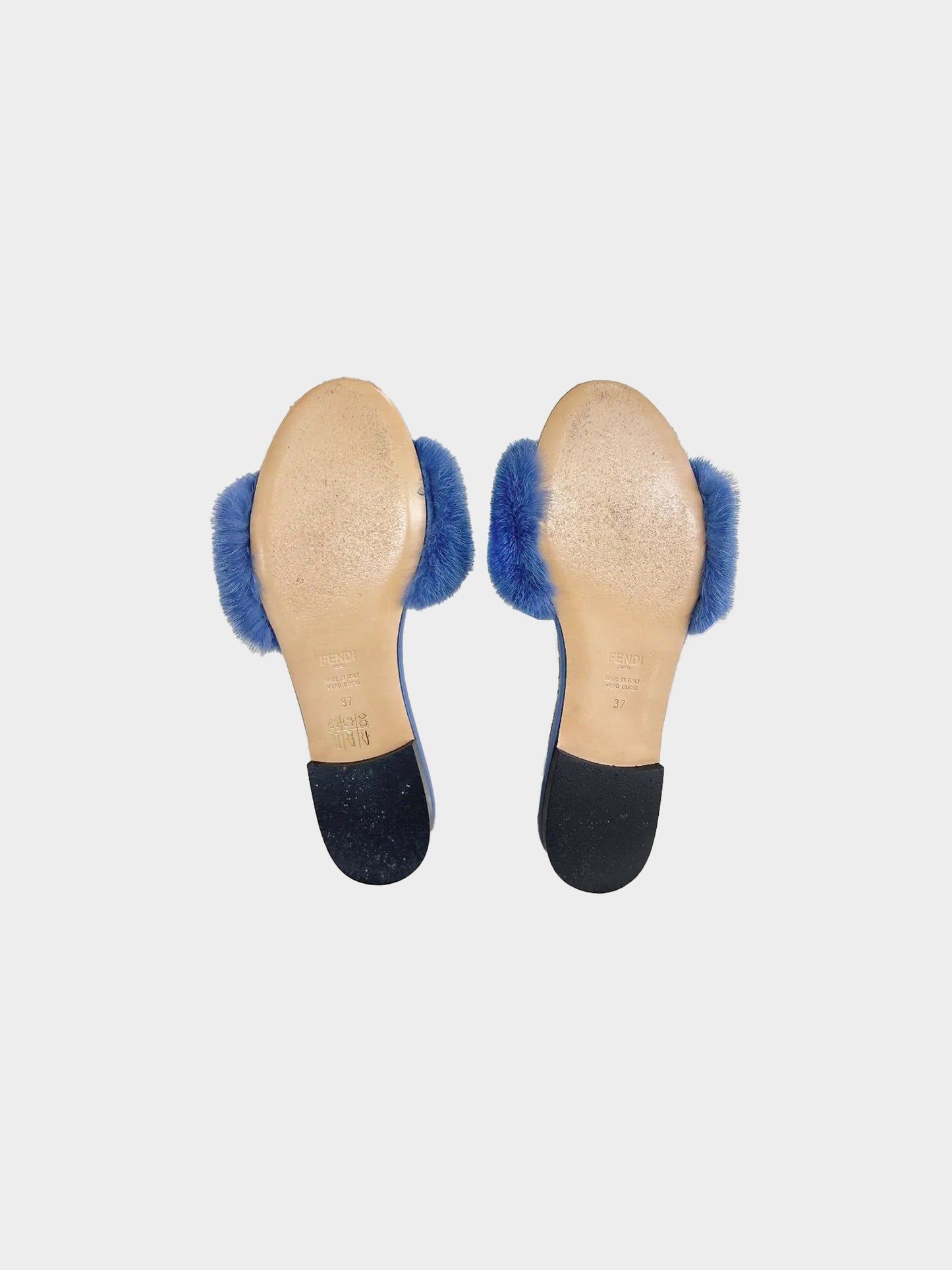 Fendi 2020s Blue Baguette Mink Fur Leather Slides
