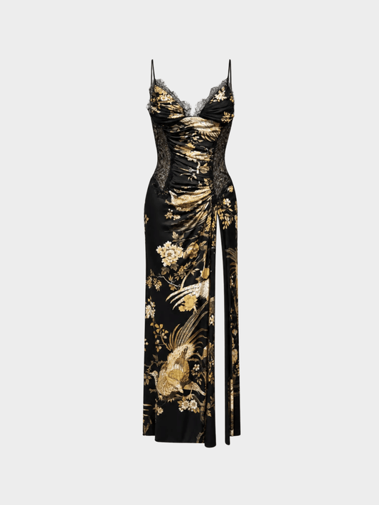 Roberto Cavalli FW 2006 Black Bird Print Jersey and Lace Dress