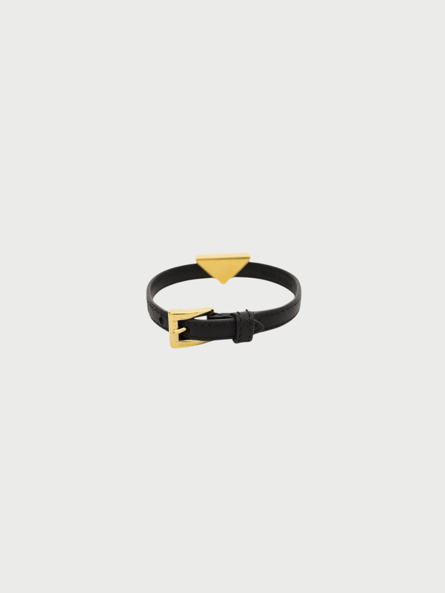 Prada 2000s Gold Black Saffiano Leather Triangle Logo Bracelet