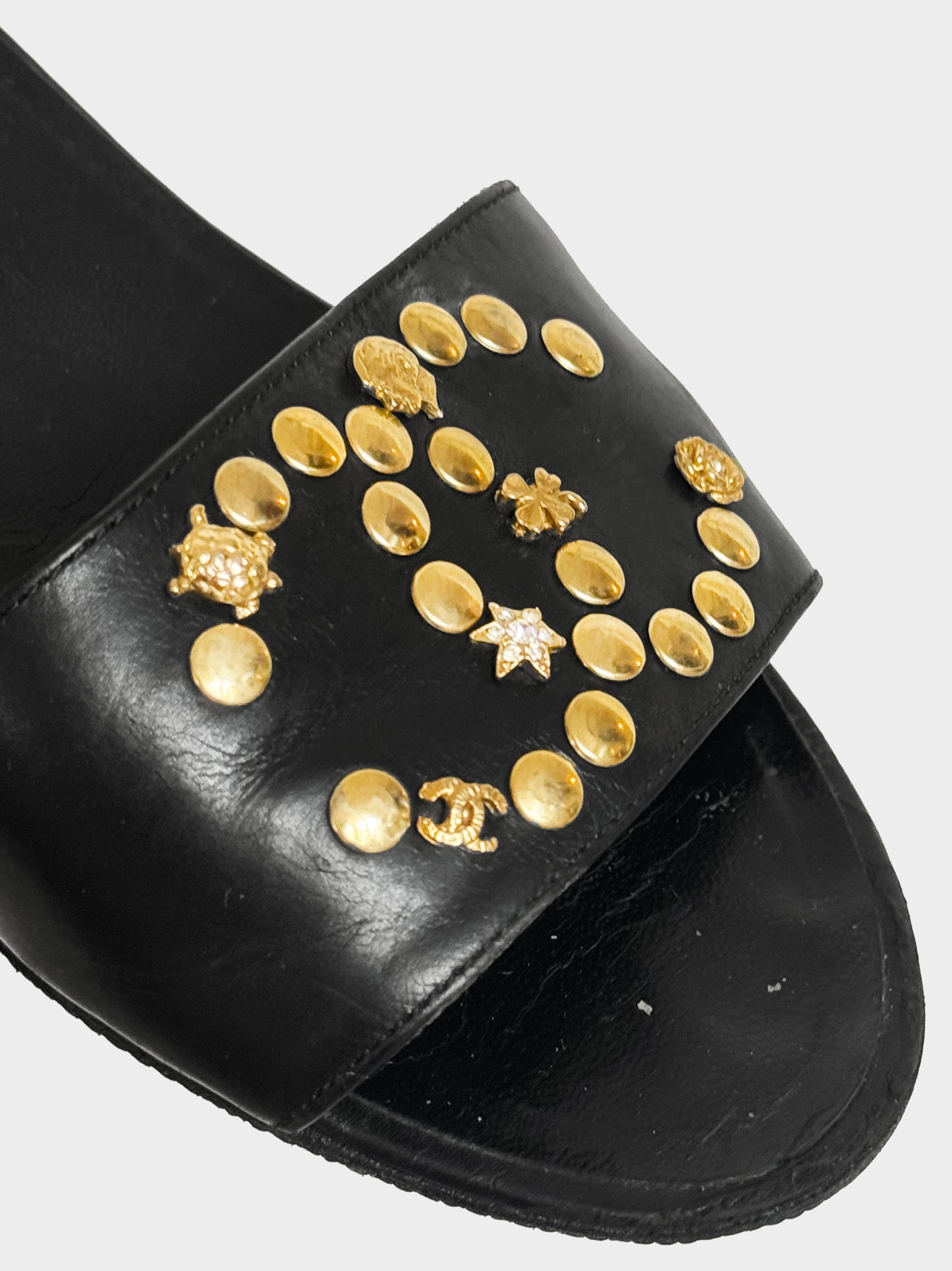 Chanel 2008 Black Leather CC Studded Kitten Heels