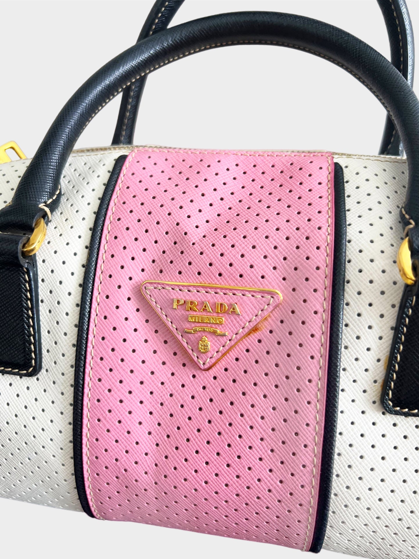 Prada 2010s White Saffiano Perforated Striped Shoulder Bag