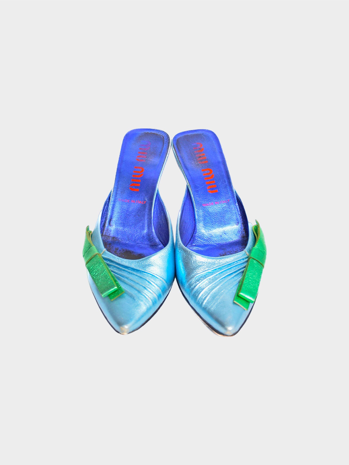 Miu Miu SS 2000 Blue Metallic Bow Leather Heeled Mules