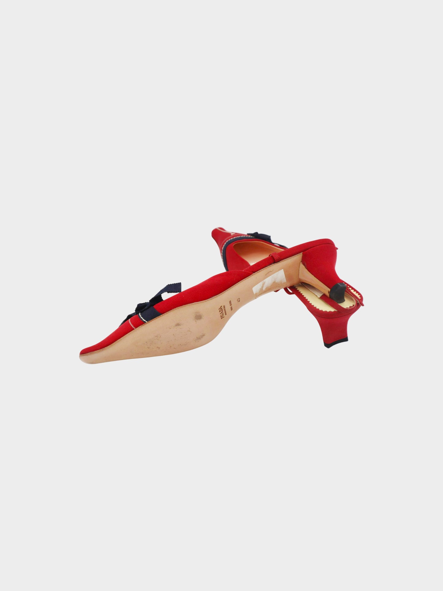 Prada 2000s Red Crepe and Navy Grosgrain Bow Slingback Pumps