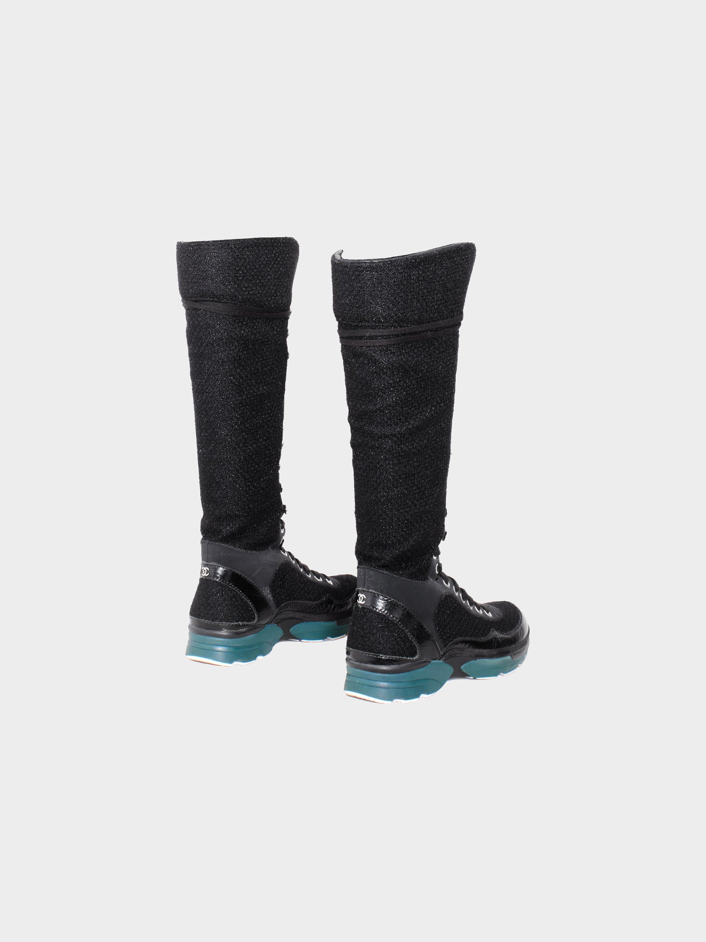 Chanel by Karl Lagerfeld FW 2014-2015 Runway Black Tweed and Patent Leather Lace-up High Sneaker Boots