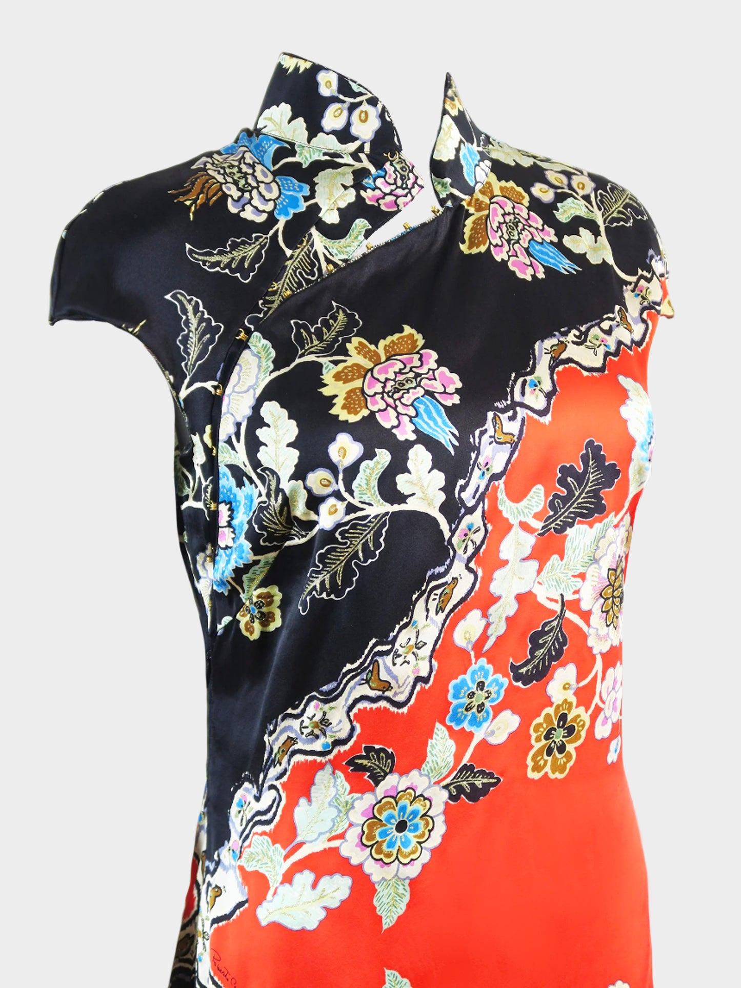 Roberto Cavalli SS 2003 Black and Red Silk Floral Print Cheongsam Midi Dress