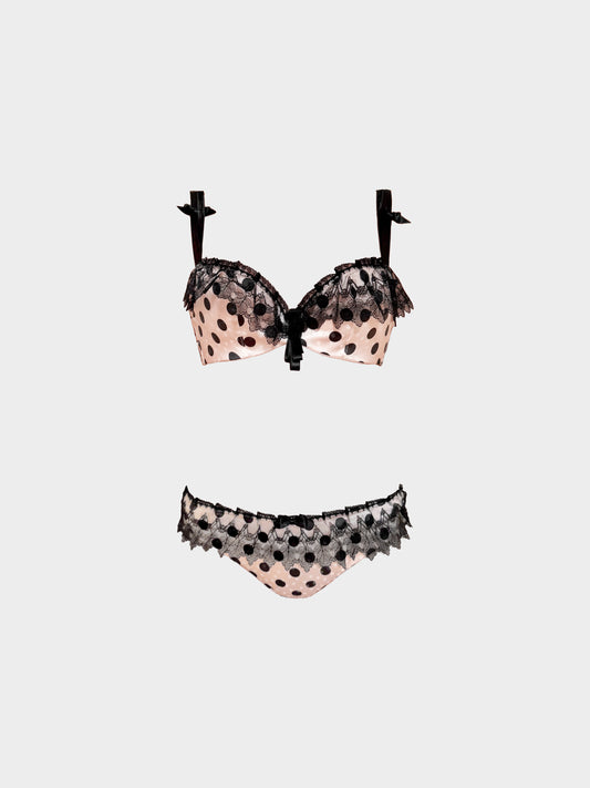 Chantal Thomass 2000s Black and Pink Polka Dot and Lace Starlette Lingerie Set