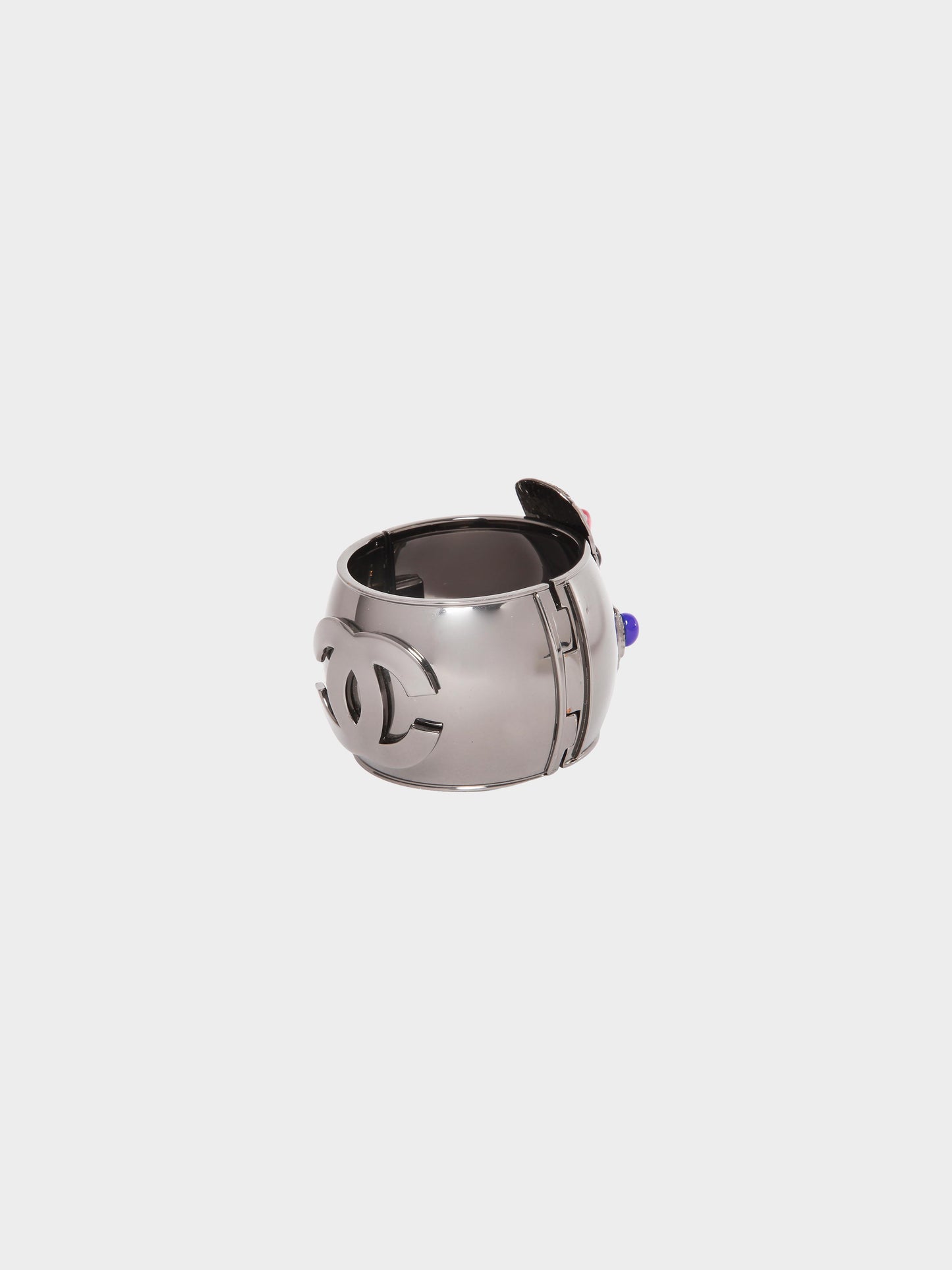 Chanel FW 2003-2004 Ruthenium Crucifix Cabochons CC Cuff Bracelet