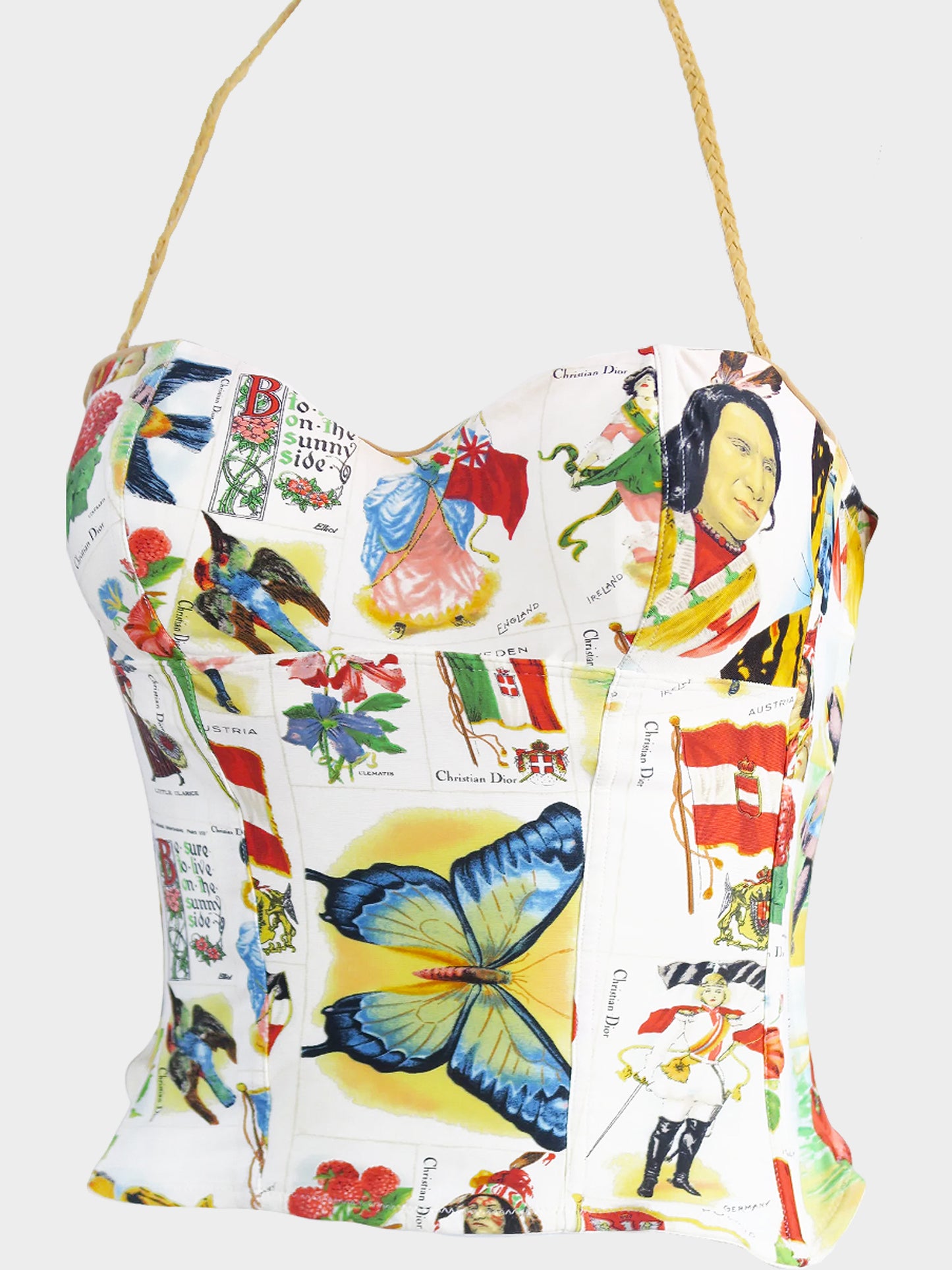 Christian Dior by John Galliano SS 2002 White Stamp Print Bustier Corset Top