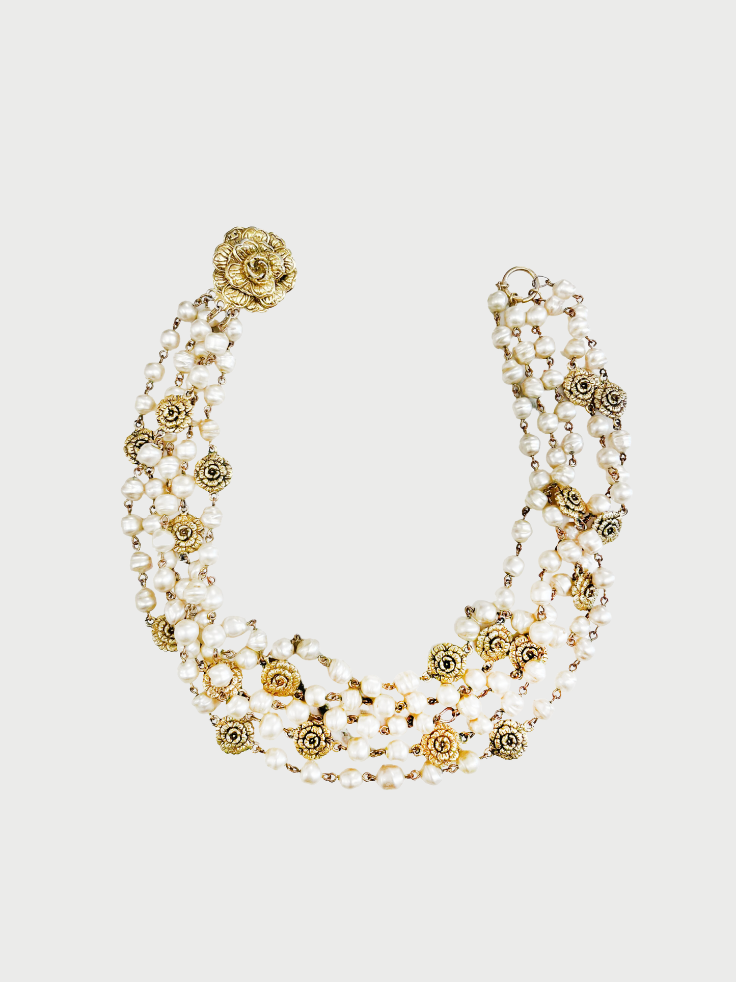 Chanel 1990s Gold Pearl Camellia Multi Strand Necklace