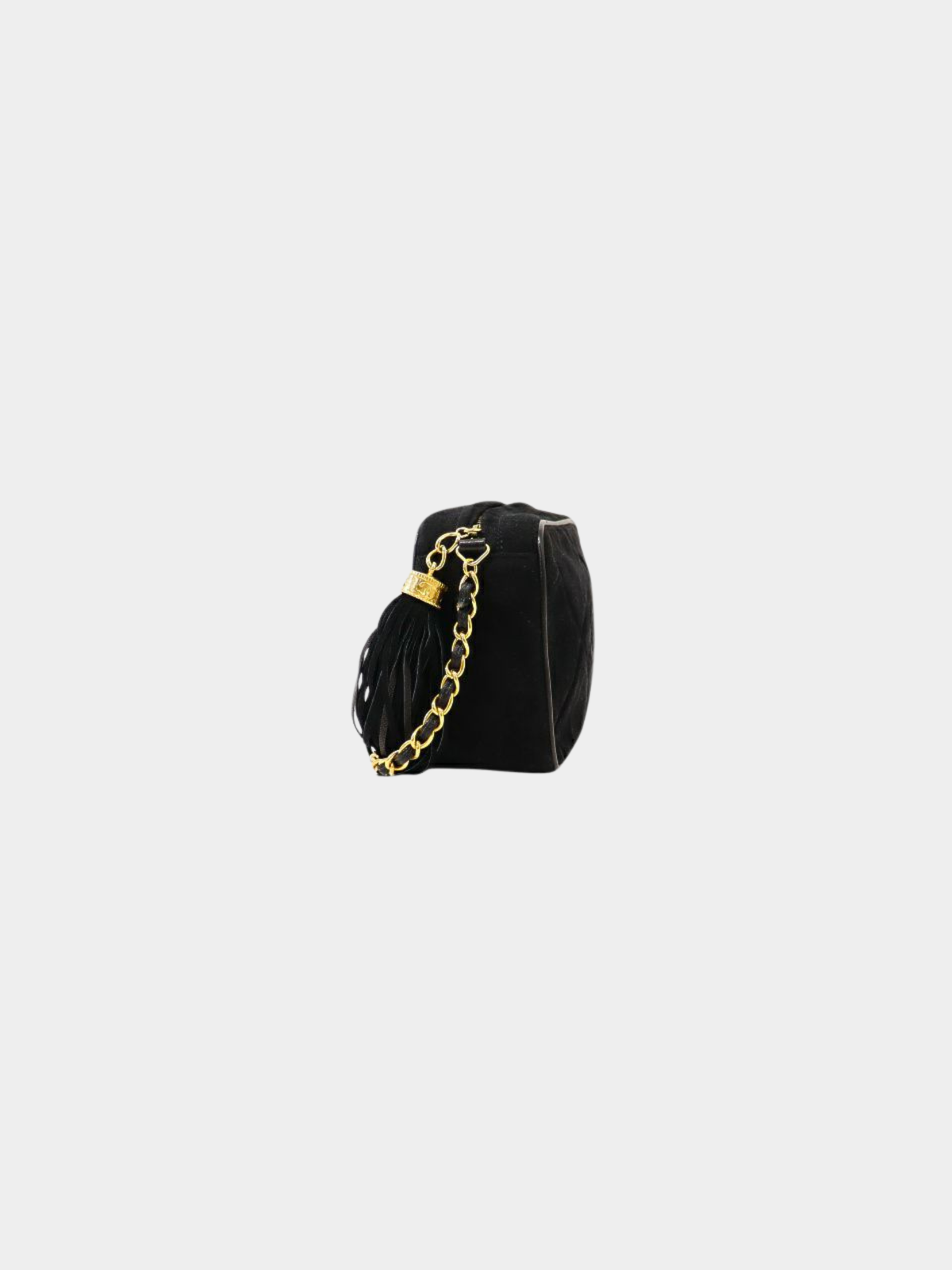 Chanel 1980s Black Suede Lambskin Matelassé Chain Shoulder Bag with Tassel