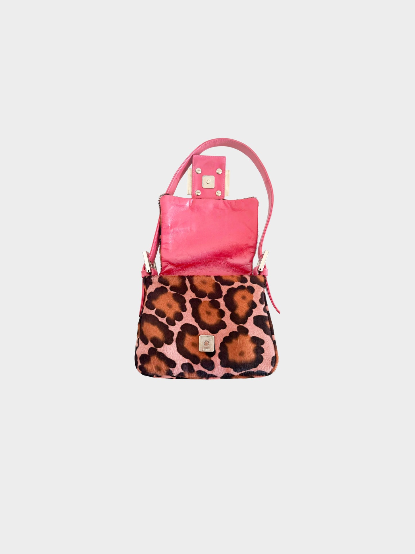 Fendi 2000s Pink Leopard Print Pony Hair Mini Square Baguette