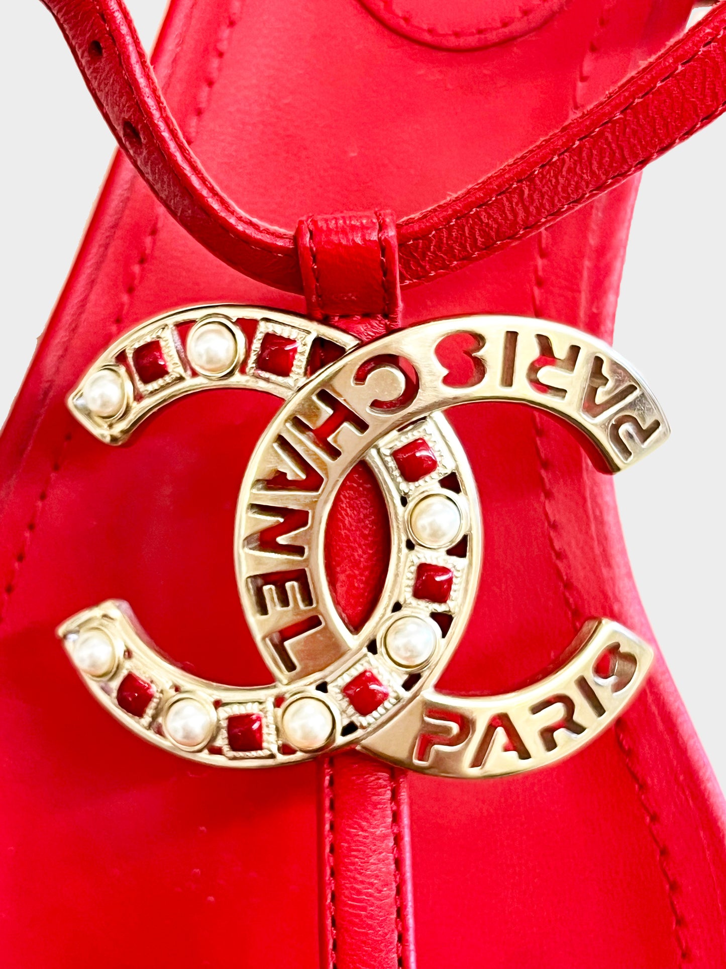 Chanel 2010s Red Leather CC Thong Sandals