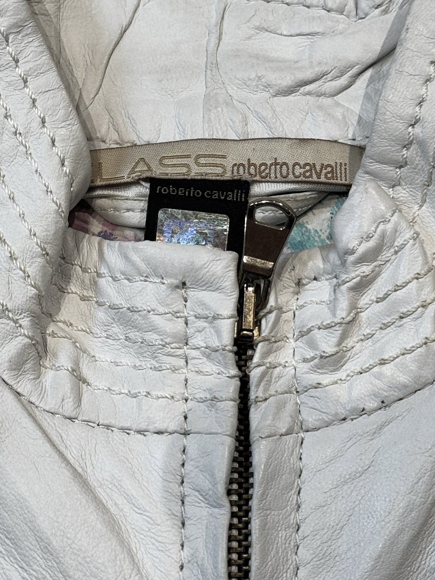 Roberto Cavalli 2000s White Leather Scalloped Jacket