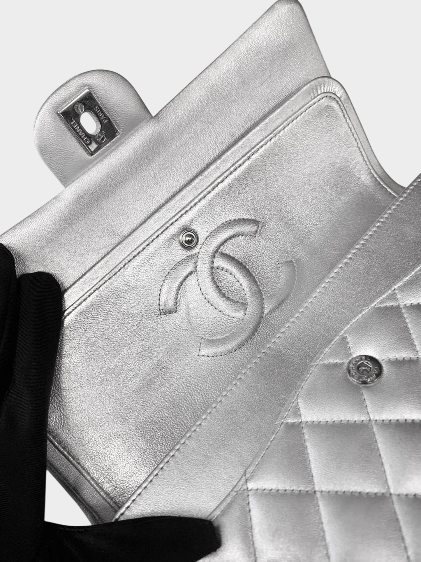 Chanel 2009-2010 Metallic Silver Classic Medium Double Flap Bag