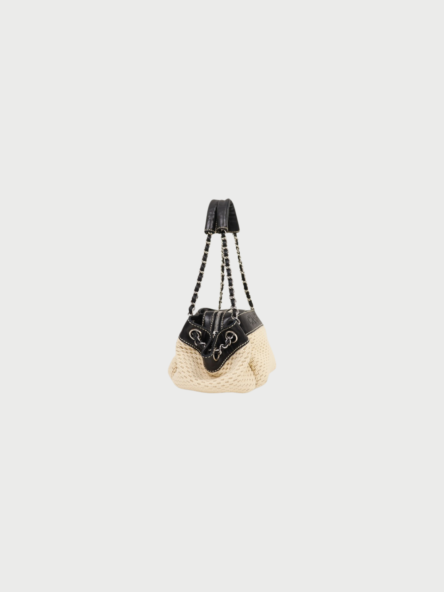 Chanel 2004 Black Ivory Cotton Leather Chain Shoulder Bag