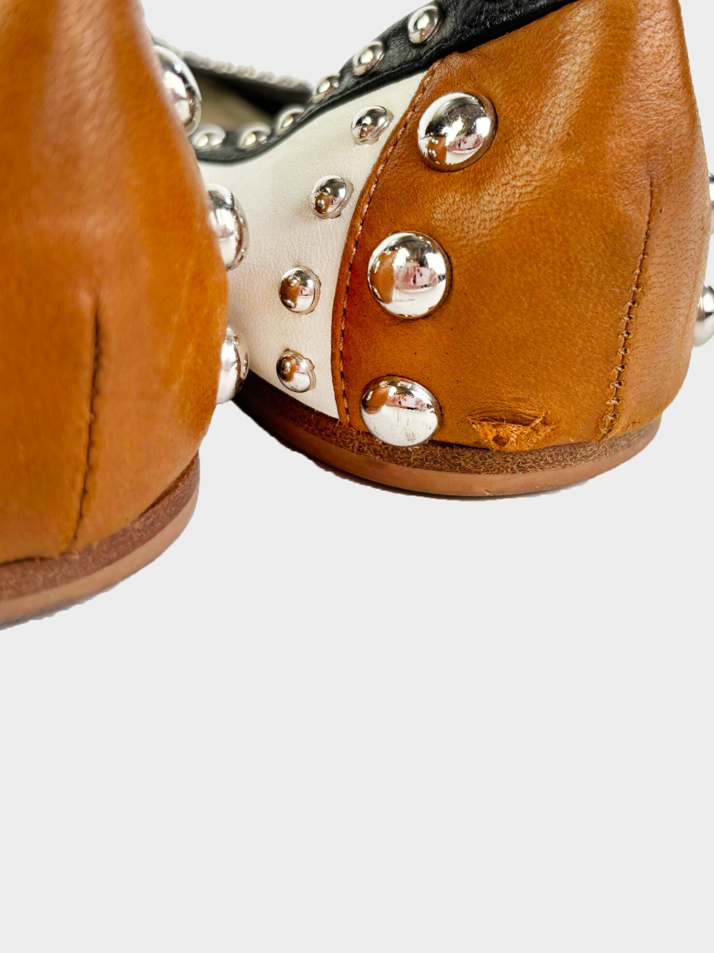 Prada 2013 Brown and White Leather Metal Studded Ballerina Flats