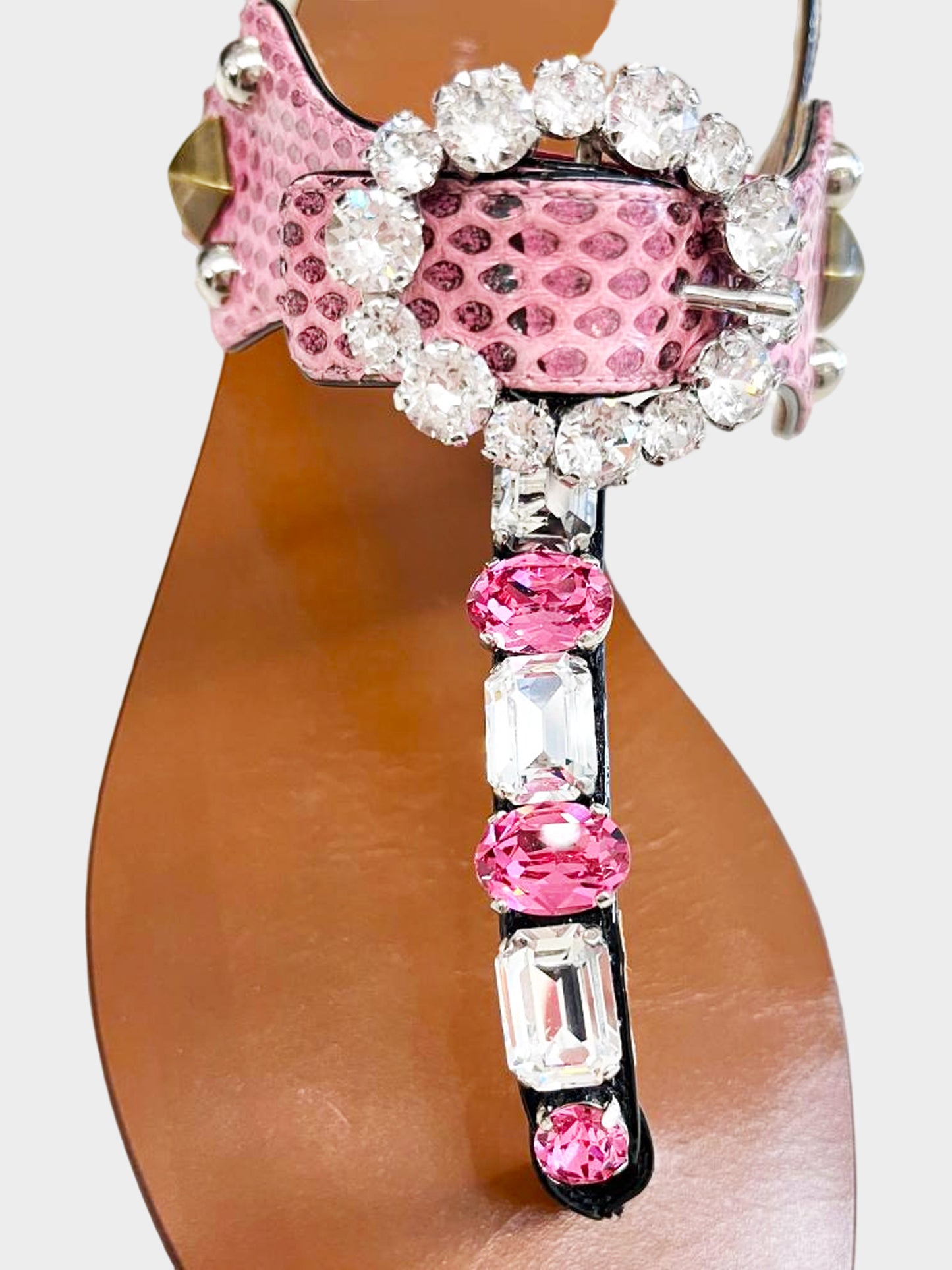 Dolce and Gabbana 2020s Pink Snakeskin Thong Sandals with Crystals