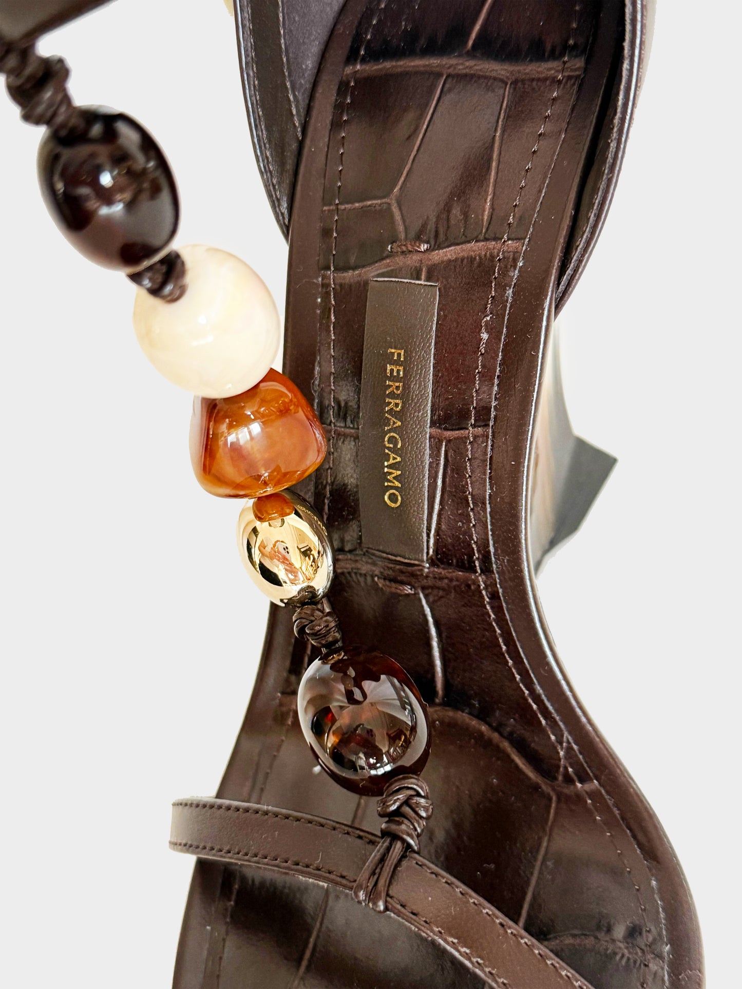 Ferragamo SS 2024 Brown Leather Selene Stone-embellished Wedge Heels