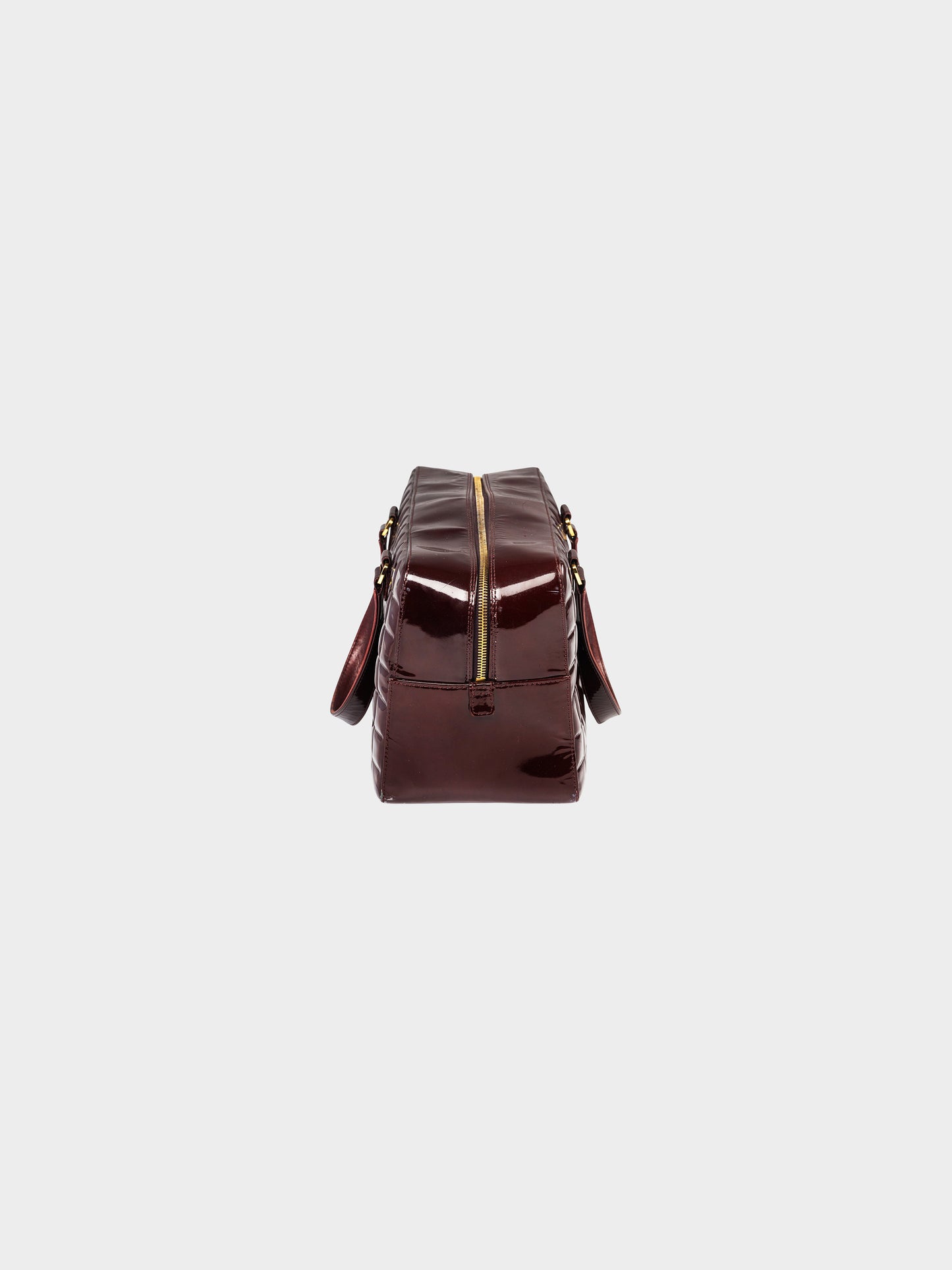 Chanel 2002-2003 Burgundy Patent Leather Chocolate Bar Quilted Bowler Bag