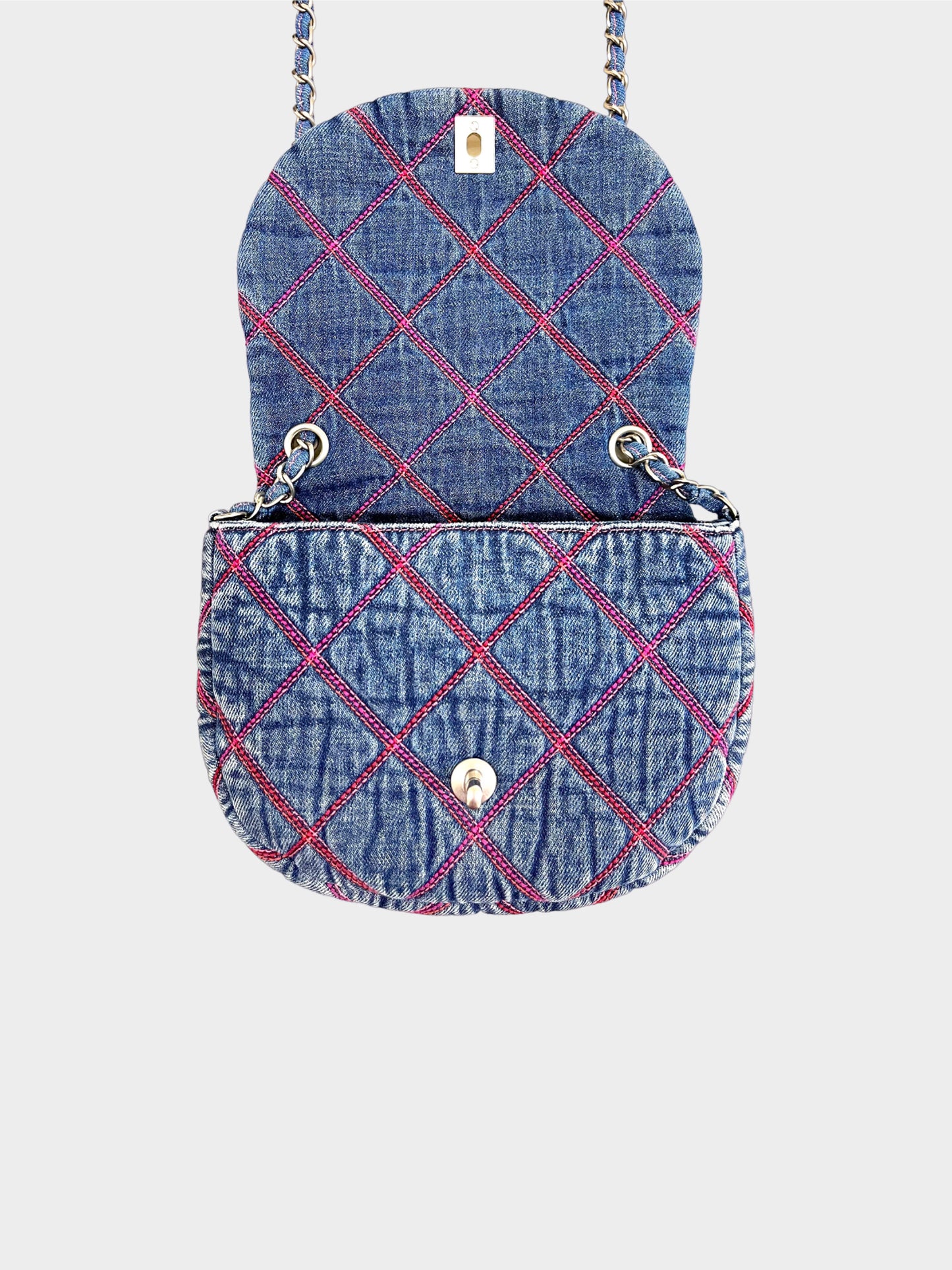 Chanel 2022 Denim Half Moon Bag with Pink Diamond Quilting