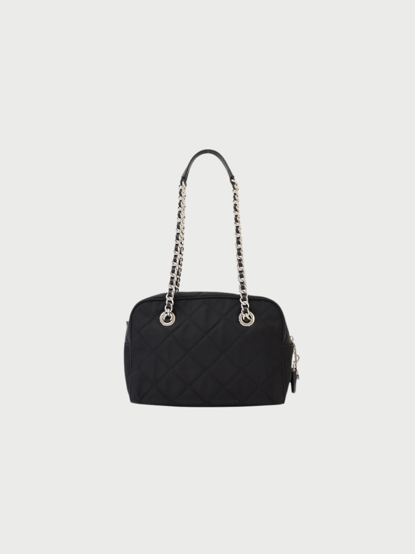 Prada 2000s Black Quilted Nylon Leather Triangle Logo Chain Tote Bag