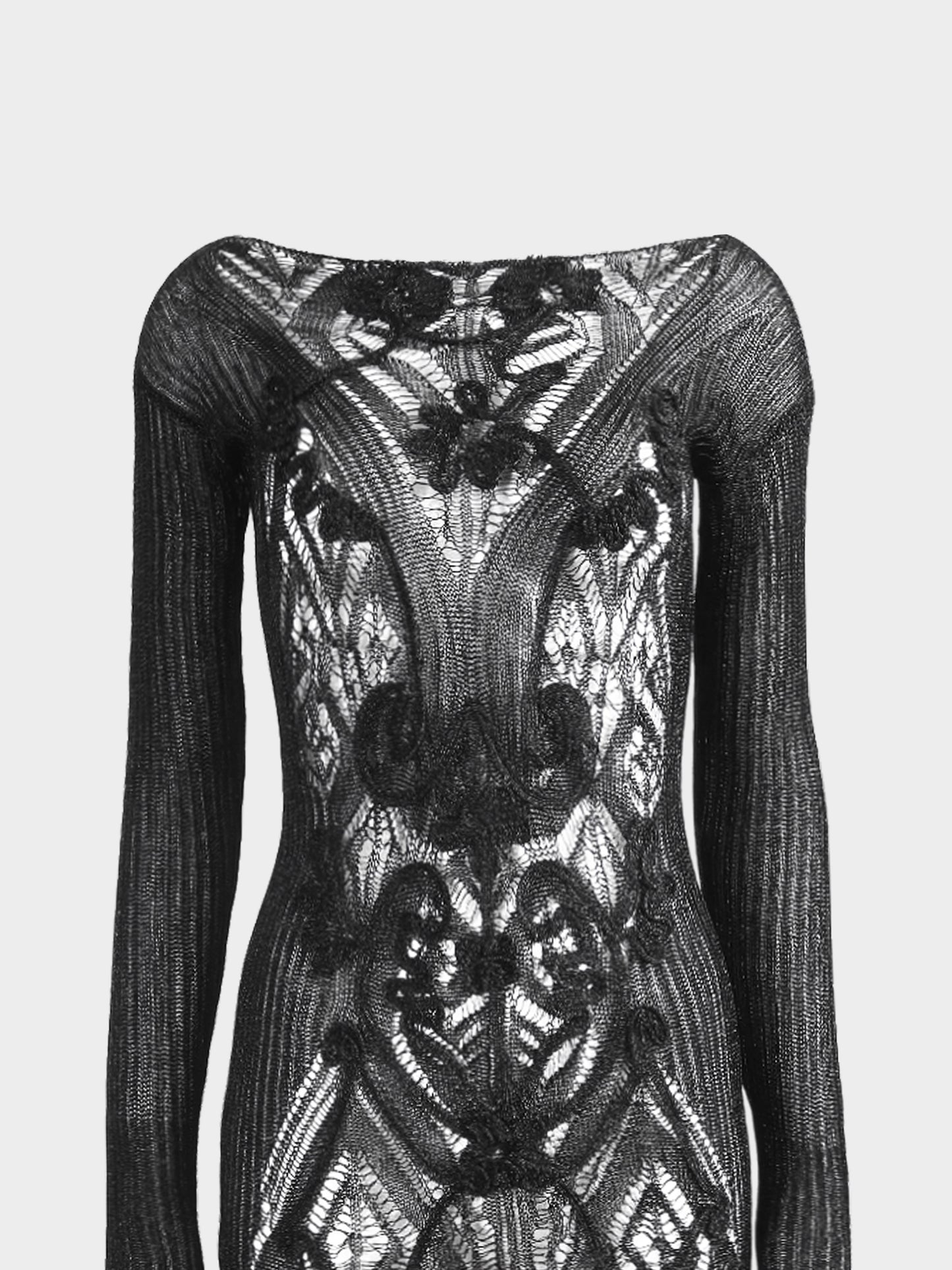 Jean Paul Gaultier 2000s Black Micro Cutout Knitted Mini Long Sleeved Dress